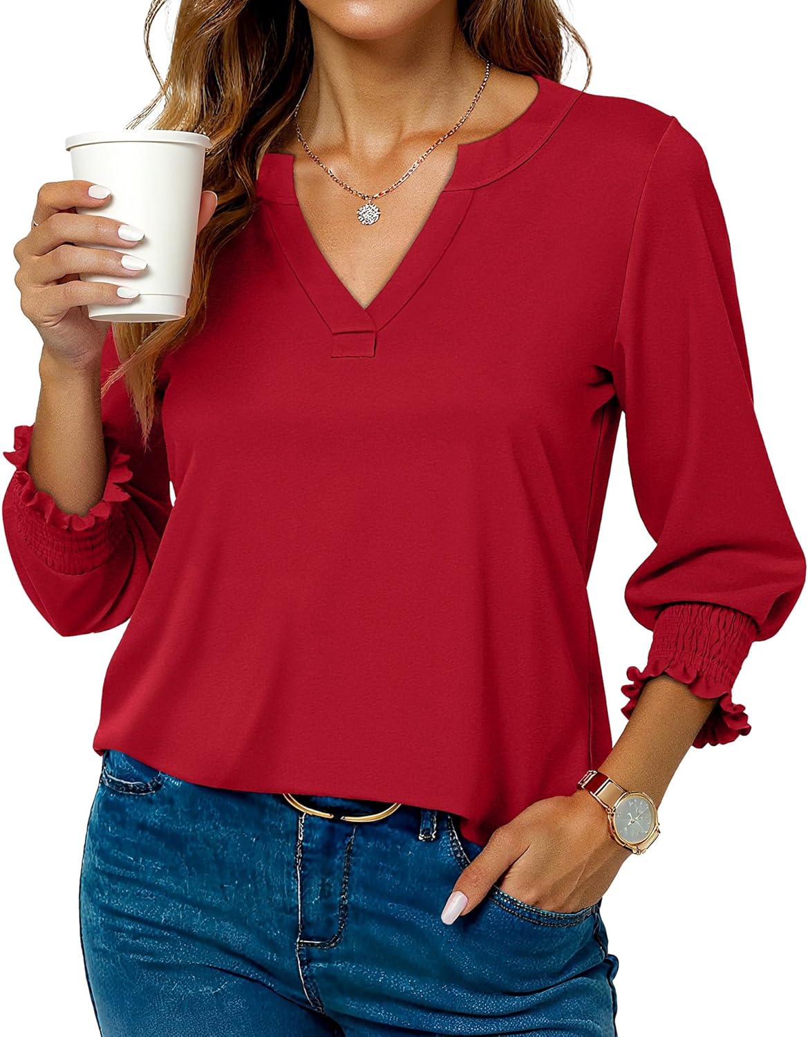 Blouses for Womens 3/4 Length Sleeve Casual Tops Loose V Neck T Shirt with Smocked Cuffs - Image 4