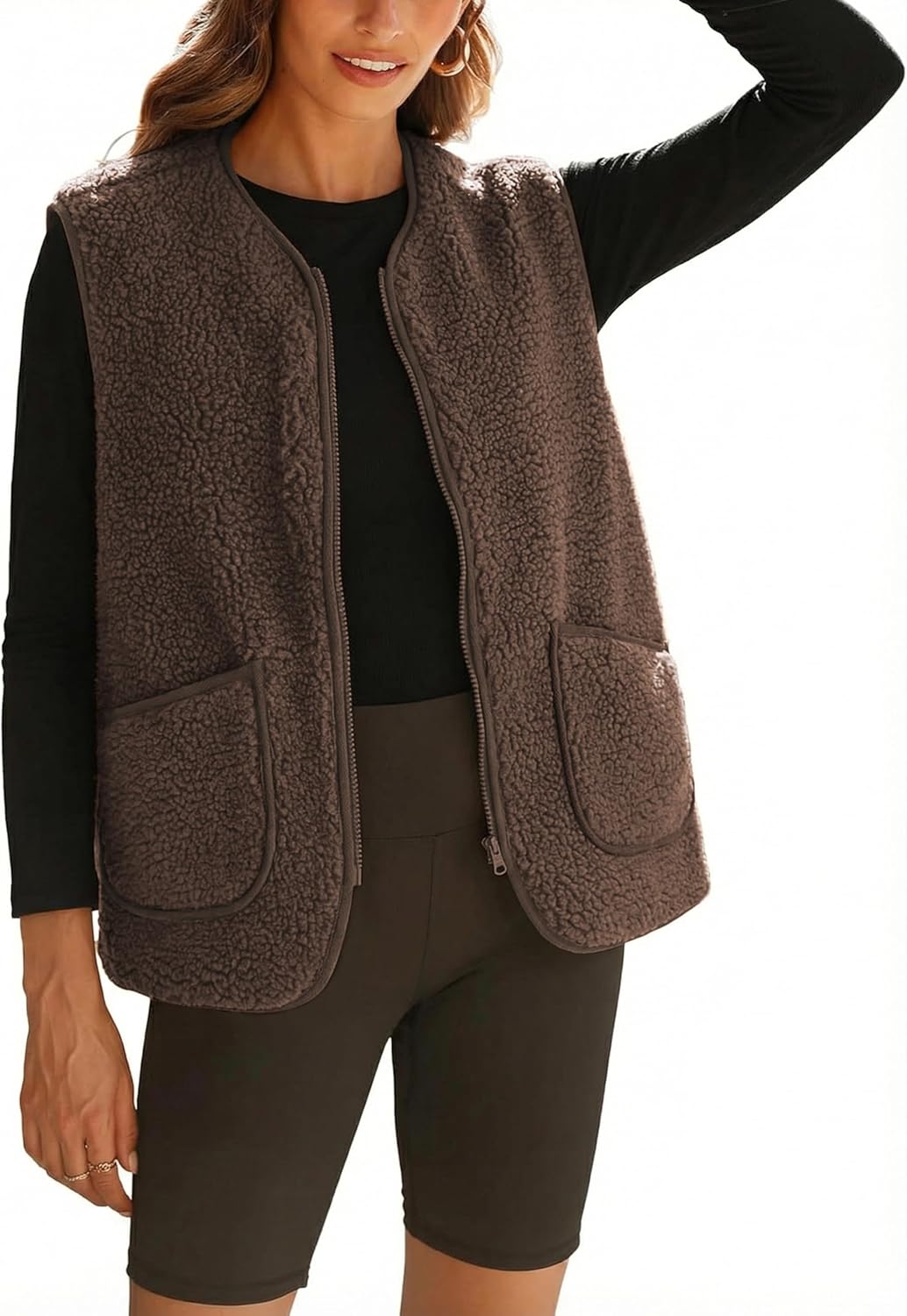 Zhiyouni Women's Fuzzy Fleece Vest Casual Sleeveless Sherpa Jacket Coat Gilet with Pockets
