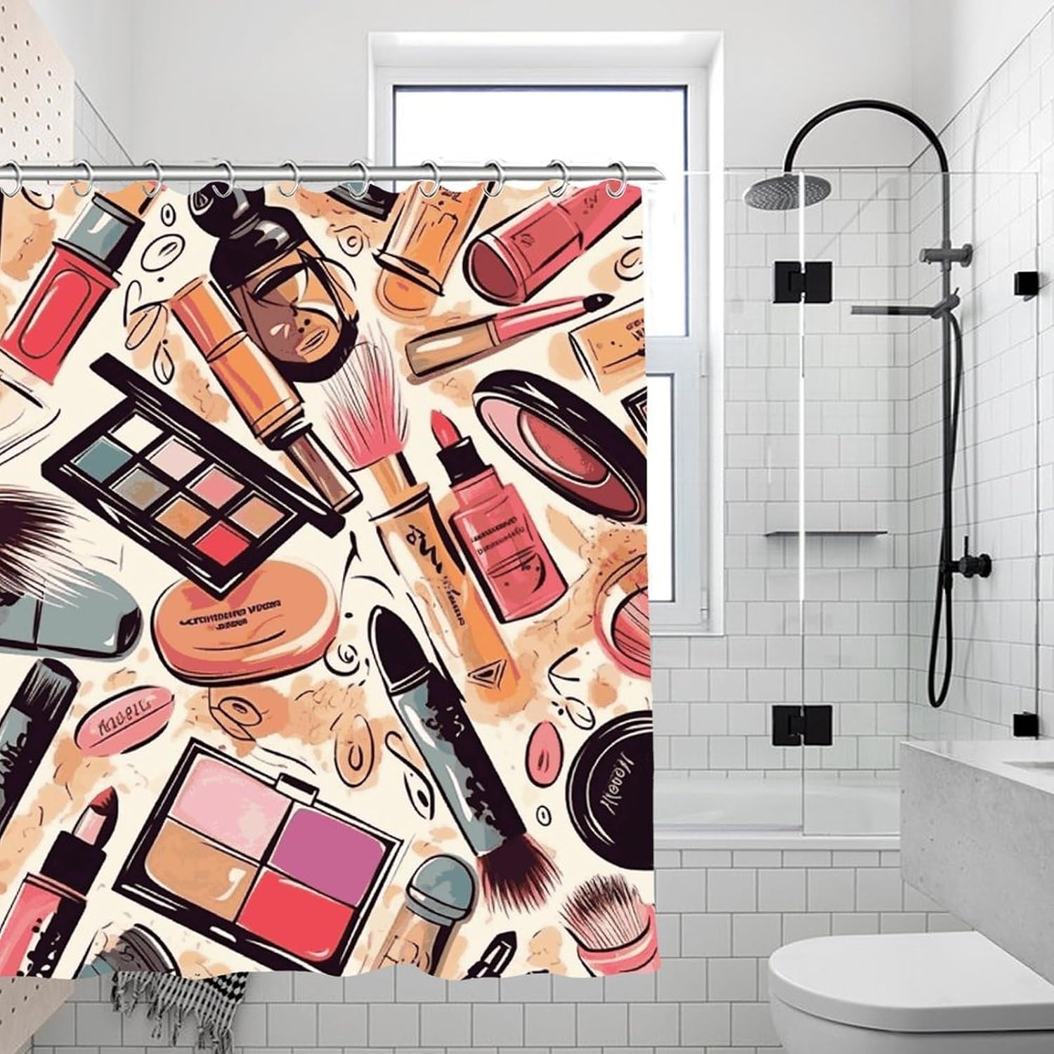 Cosmetic and Makeup Theme Pattern Shower Curtain for Home, Reusable Curtain Liner with Hooks, Lightweight Bath Curtains for Hotel, Waterproof Bath Curtains for Gym, Apartment, 70.8"x70.8" image 2