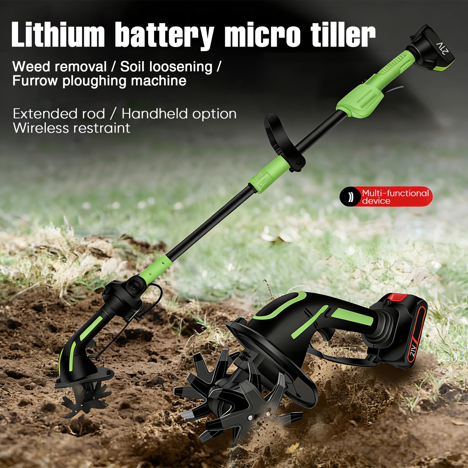 Motocoltivatore elettrico senza fili, mini motocoltivatore portatile con batteria 21 V, acciaio al Manganese, larghezza e profondità di 10 cm, per giardino, orto, diserbo (2 batterie) - 5
