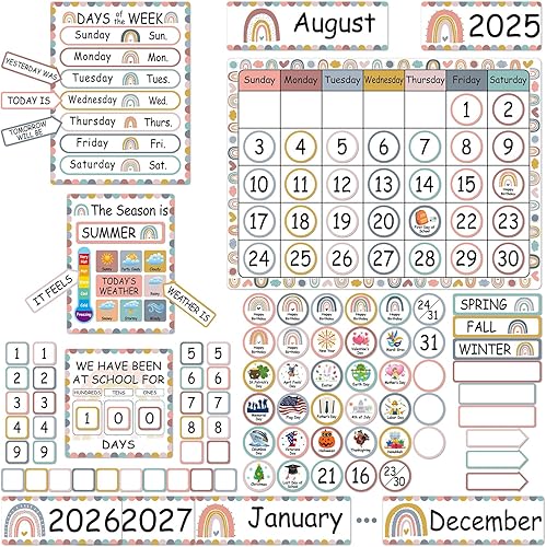 Juego de 132 tablones de anuncios con calendario de arcoíris bohemio con días de la semana, días en la escuela, estaciones, festivales, tarjetas