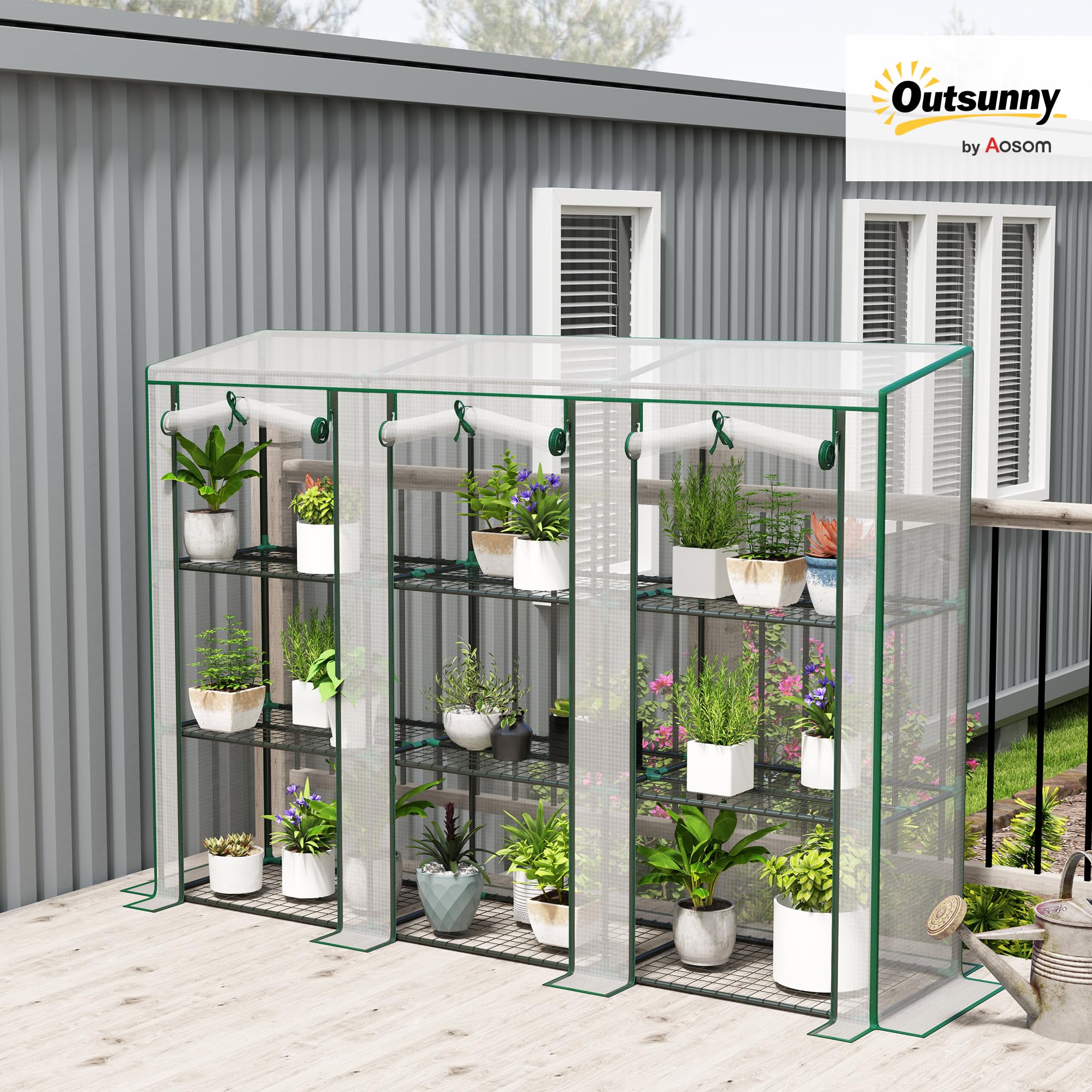 Outsunny Serre de Jardin PE avec étagères 3 Niveaux, Serre de Balcon, bâche renforcée 140 g/m², châssis en Acier, 2 Portes zippées enroulables pour légumes Plantes Fleurs 215x46x151cm Blanc