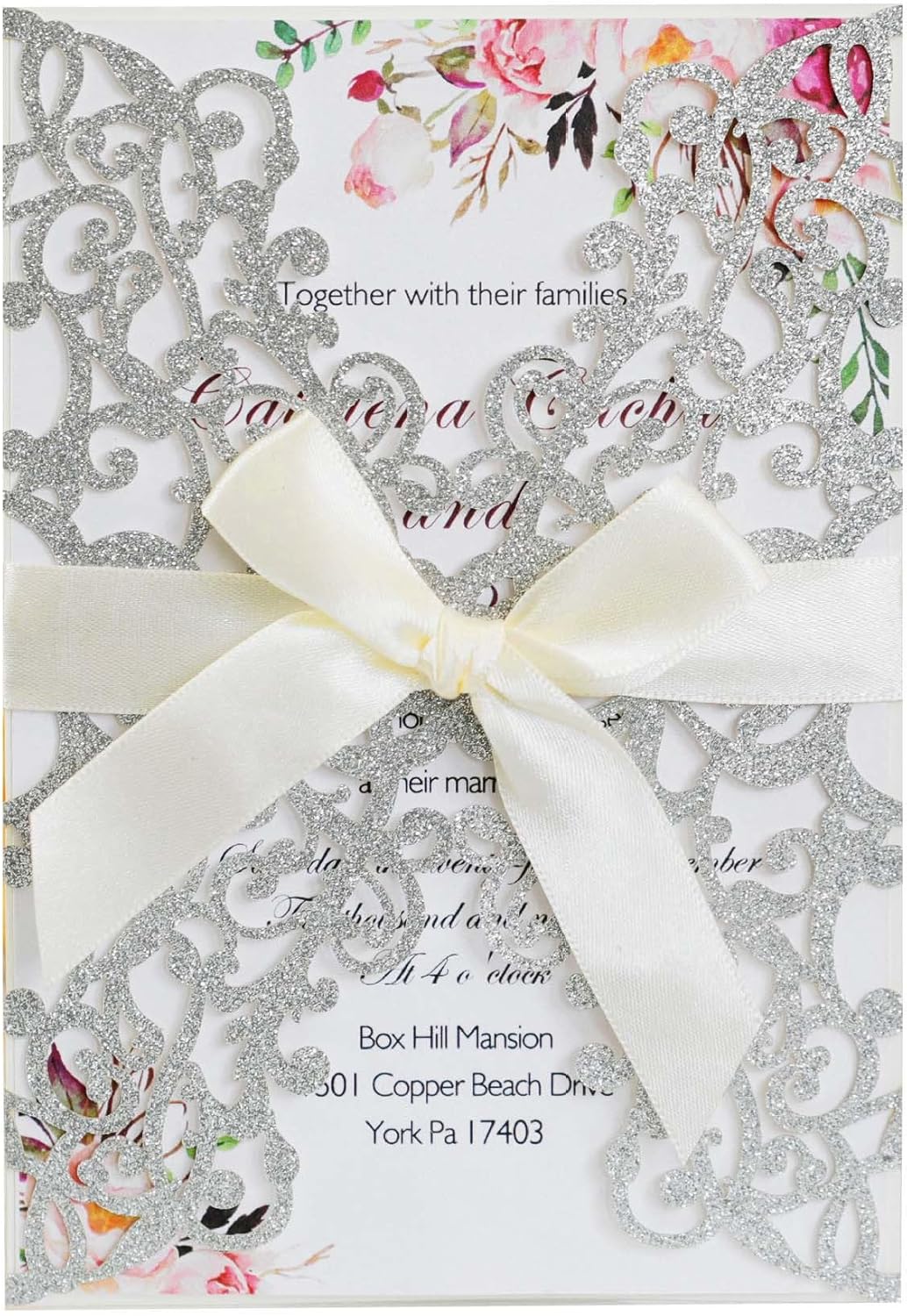 25PCS Wedding Invitation,Silver invitations,Silver Powder Floral Laser Cut with Blank Inner Sheet, Envelopes and Ribbons for Party Wedding Engagement Bridal Bridal Shower Invite (Red)