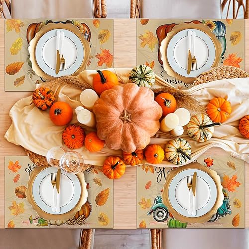 Miniatura 5 de Juego de 6 manteles individuales de otoño Hola otoño calabaza hojas de arce enanos coche manteles para mesa de comedor 12 x 18 pulgadas manteles de