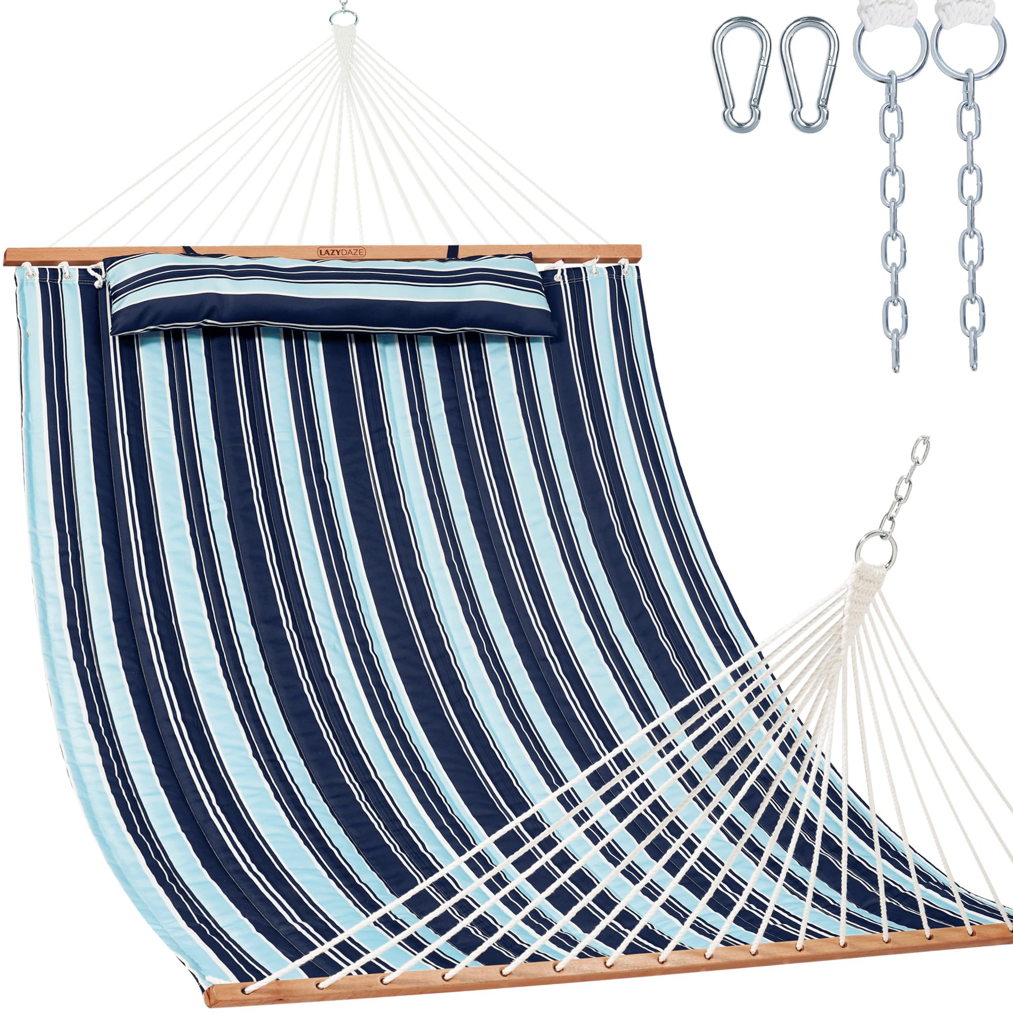 Lazy Daze Double Quilted Hammock with Carabiners &amp; Soft Pillow for Outside