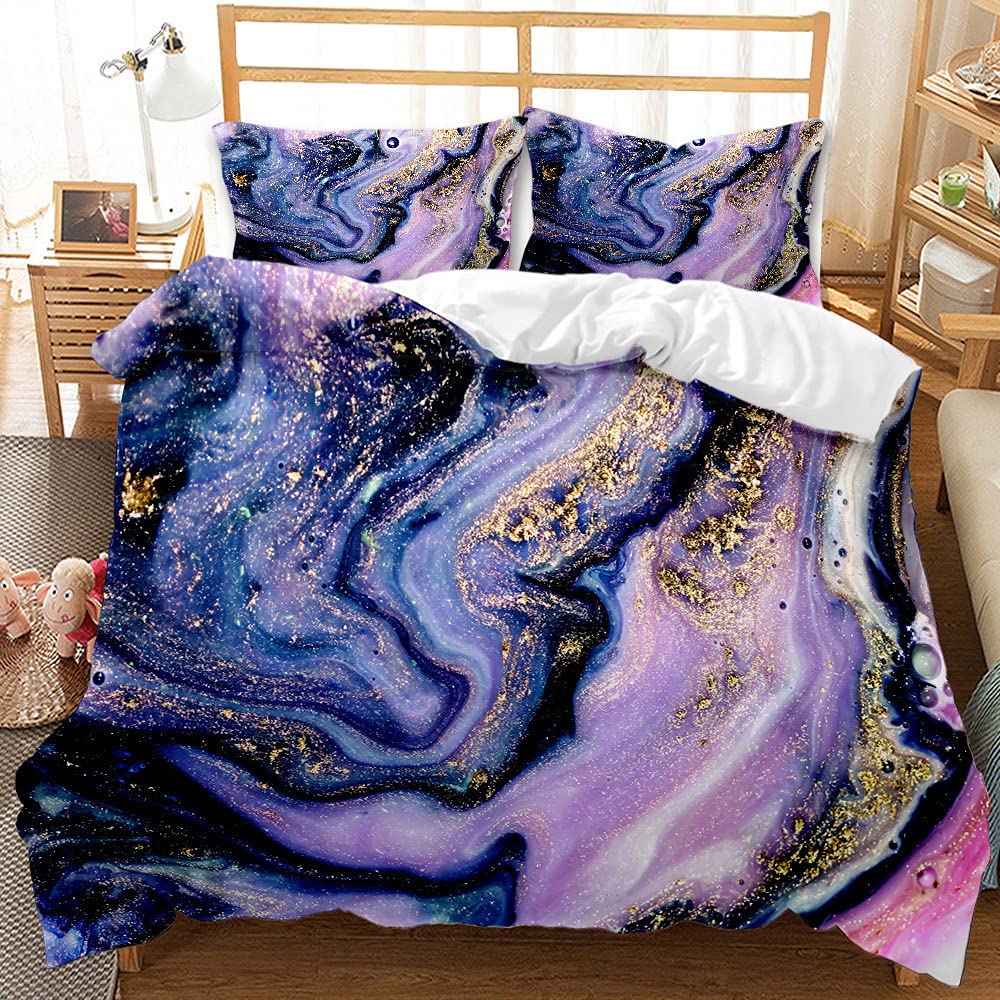 FANSU Marble Bedding Set Microfiber Duvet Cover Set with Printed Quilt Case Pillow Case for Single Double King Bed (Purple gold,220x240cm)