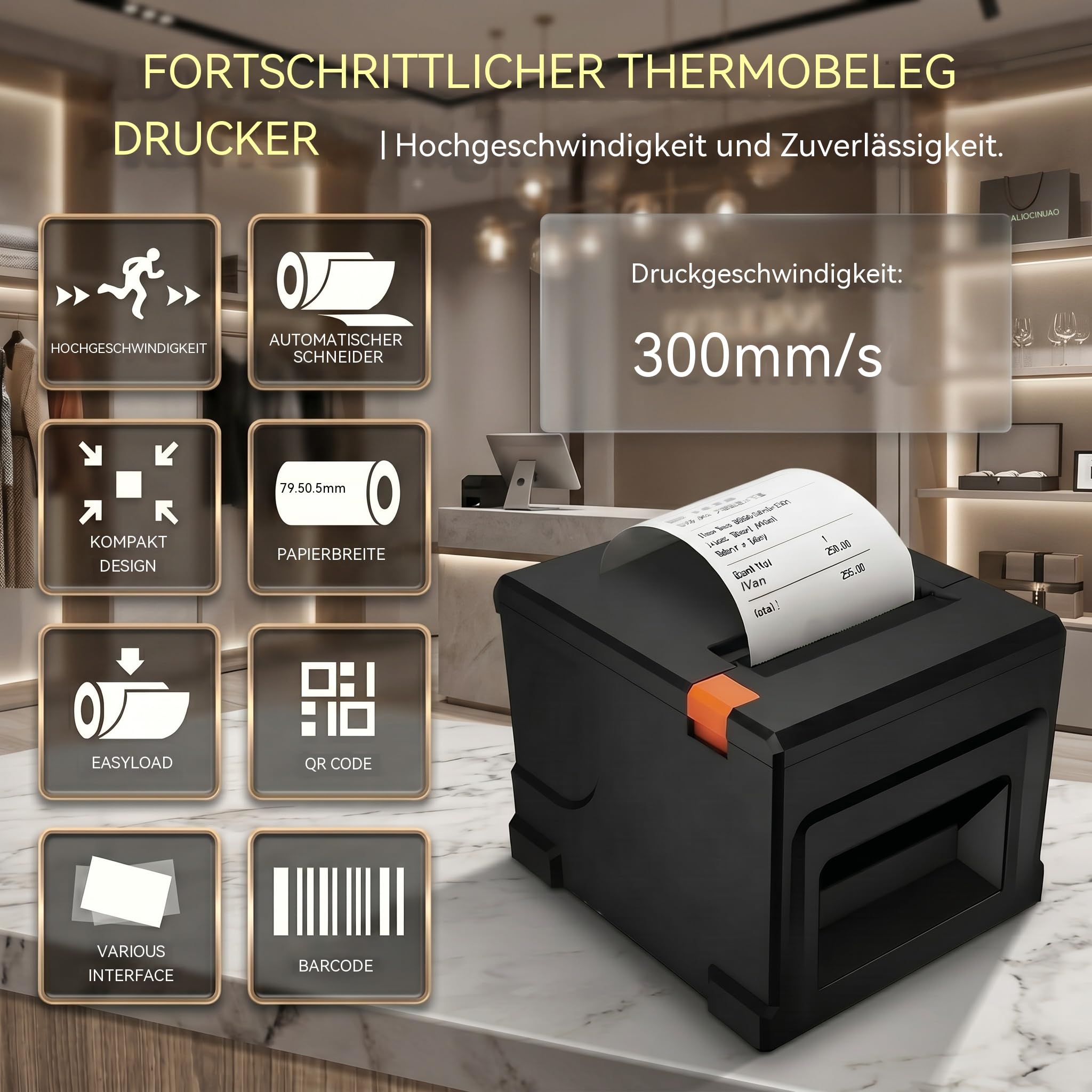 Thermodrucker 80mm Mobiler Einsatz, USB & Bluetooth, 300mm/s, Nur für Windows/Mac, Inkl. 5 Rollen + 58mm Adapter
