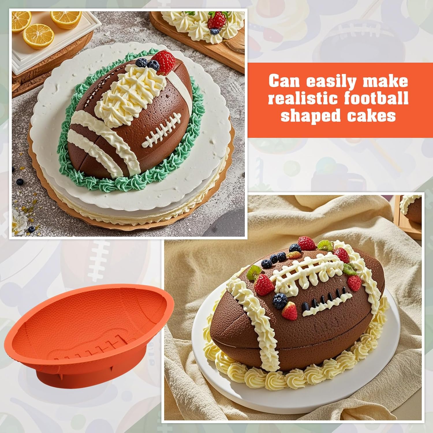 Nuogo 2 Pack Football Cake Pan 11 Inch Football Shaped Silicone Molds Nonstick Silicone Cake Pans for Baking, 3D Breakable Chocolate Mold and Sports Party - Image 3