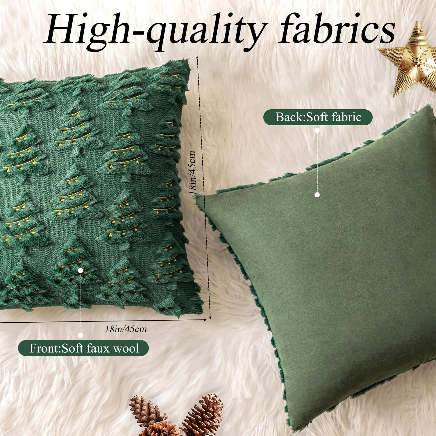 4 Pcs Christmas Throw Pillow Covers 18x18, Soft Faux Fur Pillow Cases Holiday Decorations, Fluffy Plush Accent Couch Cushion Case for Festivals Winter Sofa Living Room Home Decor(Green Tree)