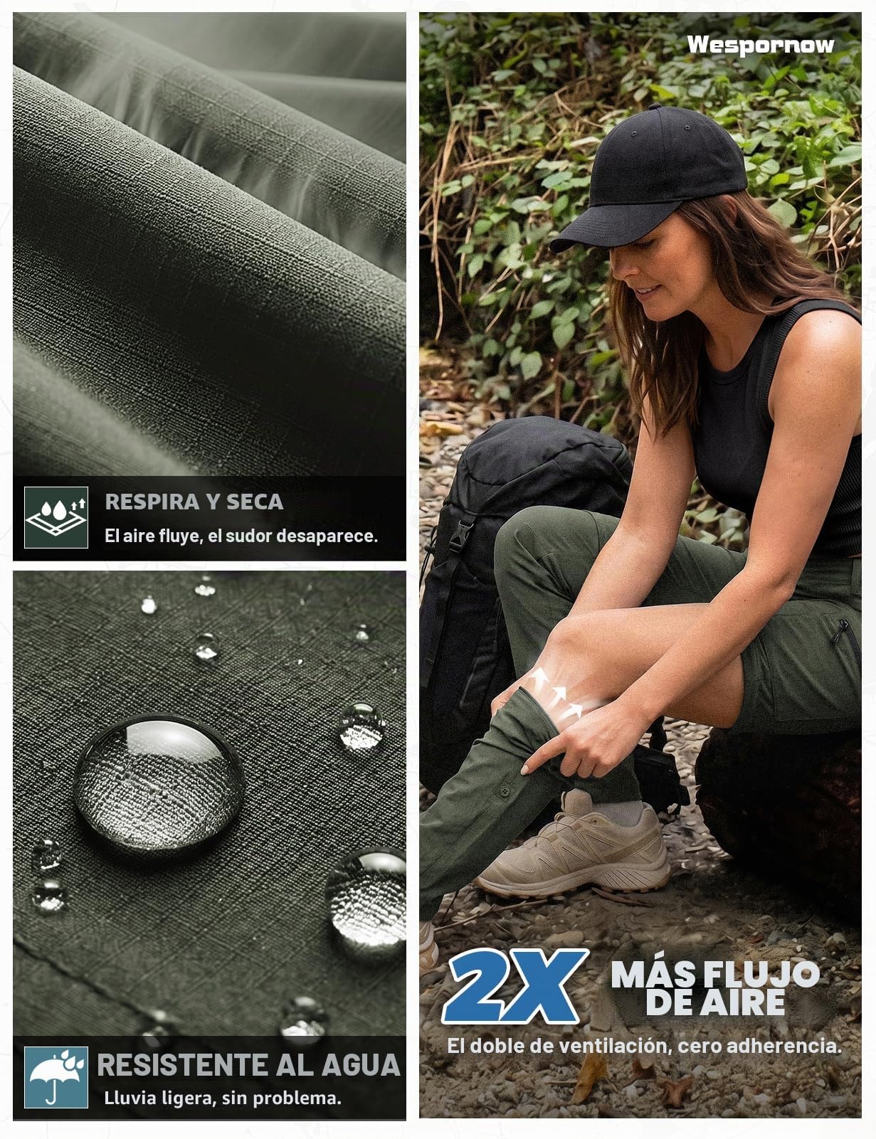 Wespornow Pantalones de senderismo para mujer con cremallera: transpirables, ligeros, de secado rápido
