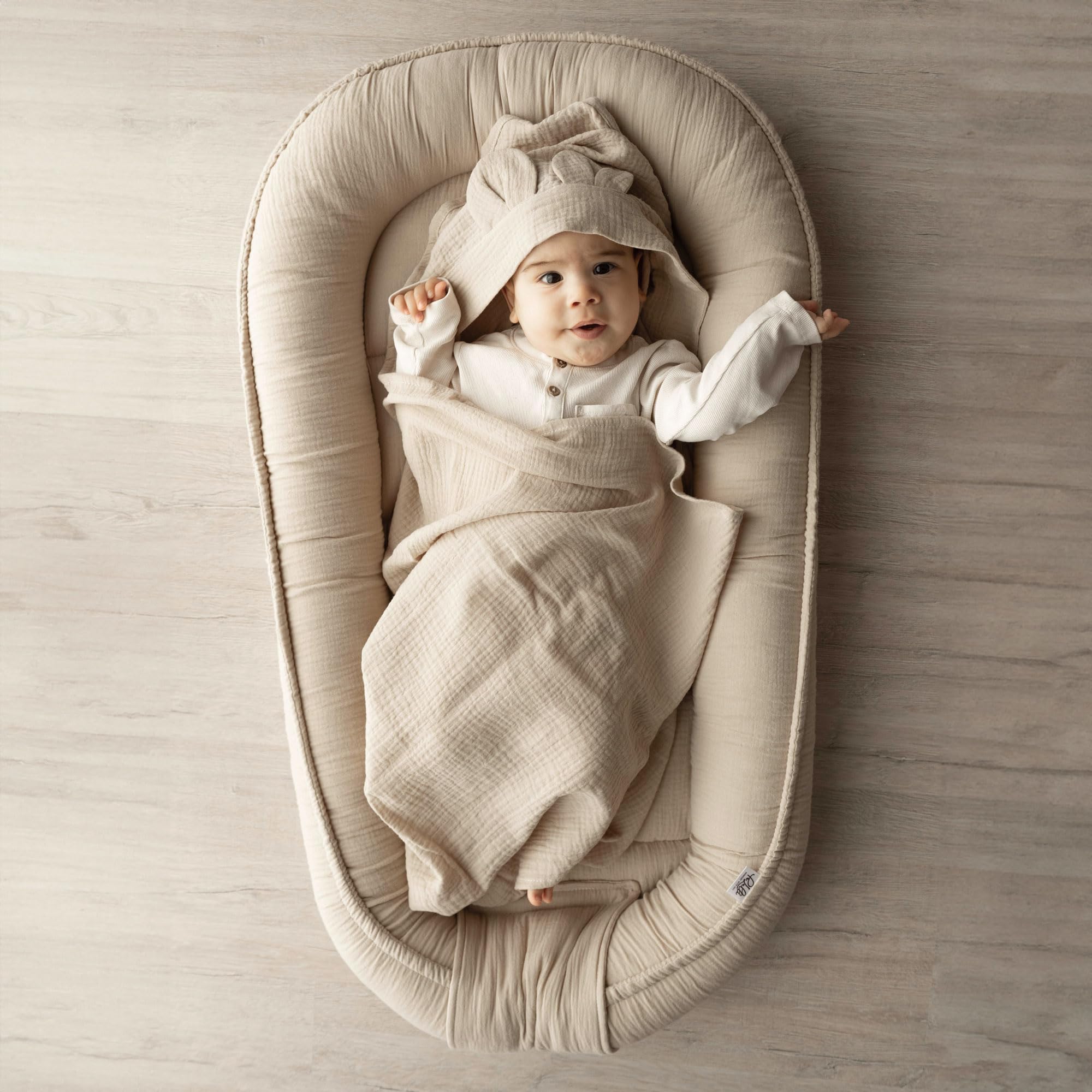 PaLulli Nido per bambini 2 in 1 con coperta per neonati, in 100% mussola di cotone, di alta qualità, 100 x 60 cm, con chiusura in , paracolpi (beige)