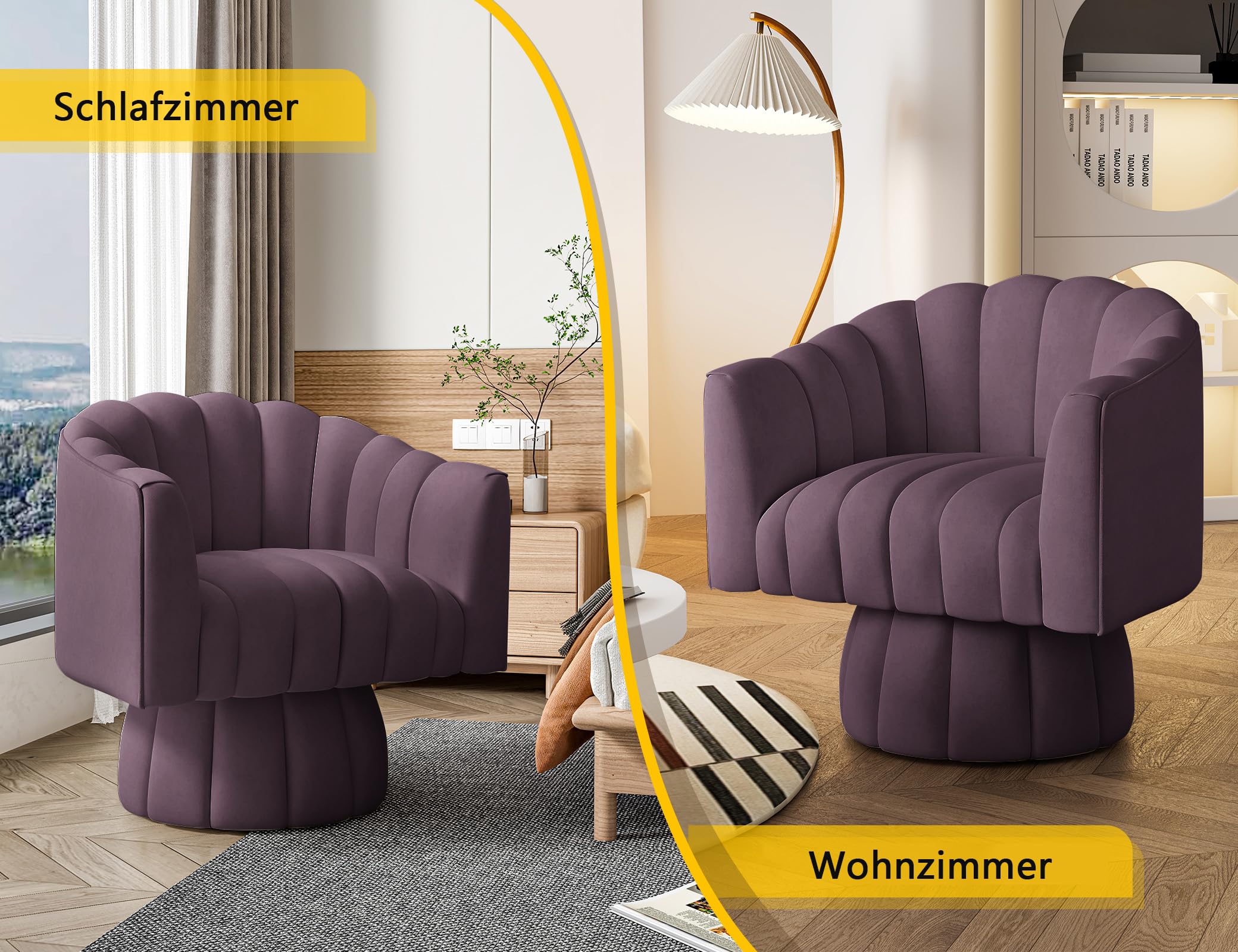 Mid Century - Sillón redondo giratorio de 360 grados con amplio acolchado de terciopelo para salón, dormitorio, oficina, sala de espera (morado)