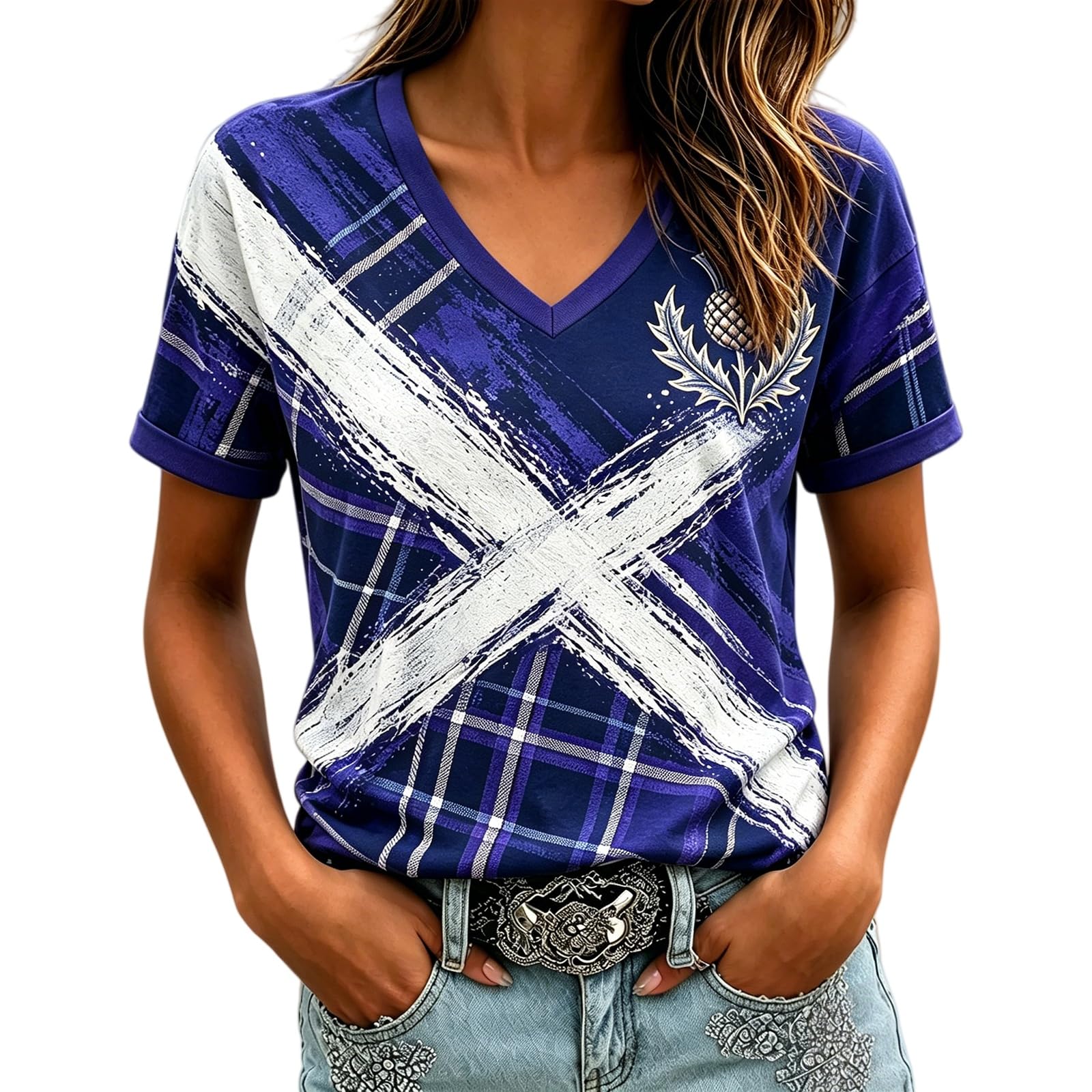 Scotland Football Shirt Womens World Cup 2026 Short Sleeve Jersey Retro Graphic Printed V-Neck England Football Fan Top Ladies Scotland T-Shirt Lightweight Breathable Summer Training Sports Clothing