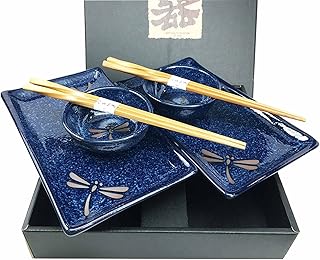 hmercy Made in Japan Dragonfly Symbol of Change in Life's Perspective Ceramic Sushi Dinnerware Set for Two Plates Sauce Bo...