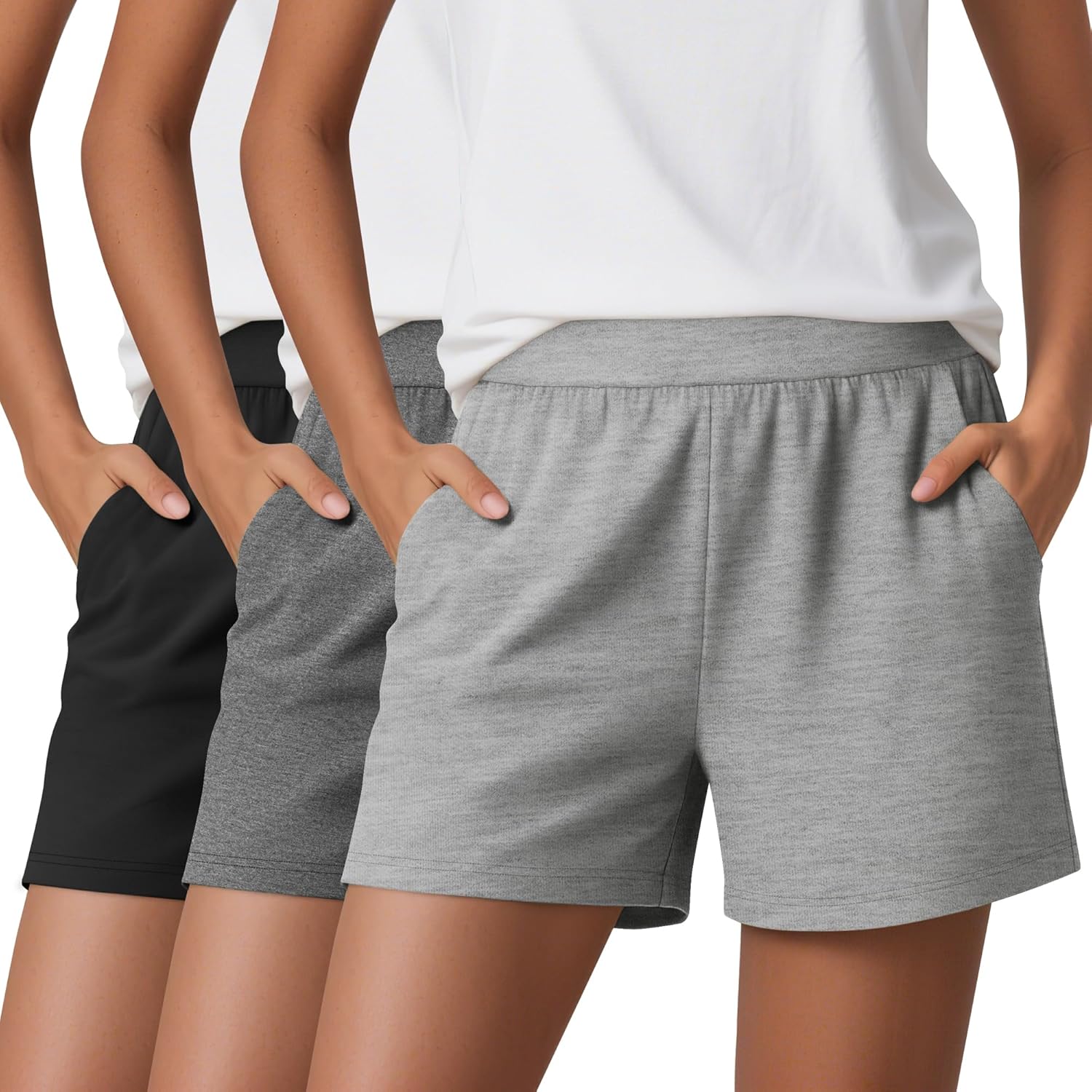 Huukeay 3 Pack Women's Sweat Shorts, Casual Summer Elastic High Waist Athletic Short Lounge Comfy Gym Sweatshorts with Pocket