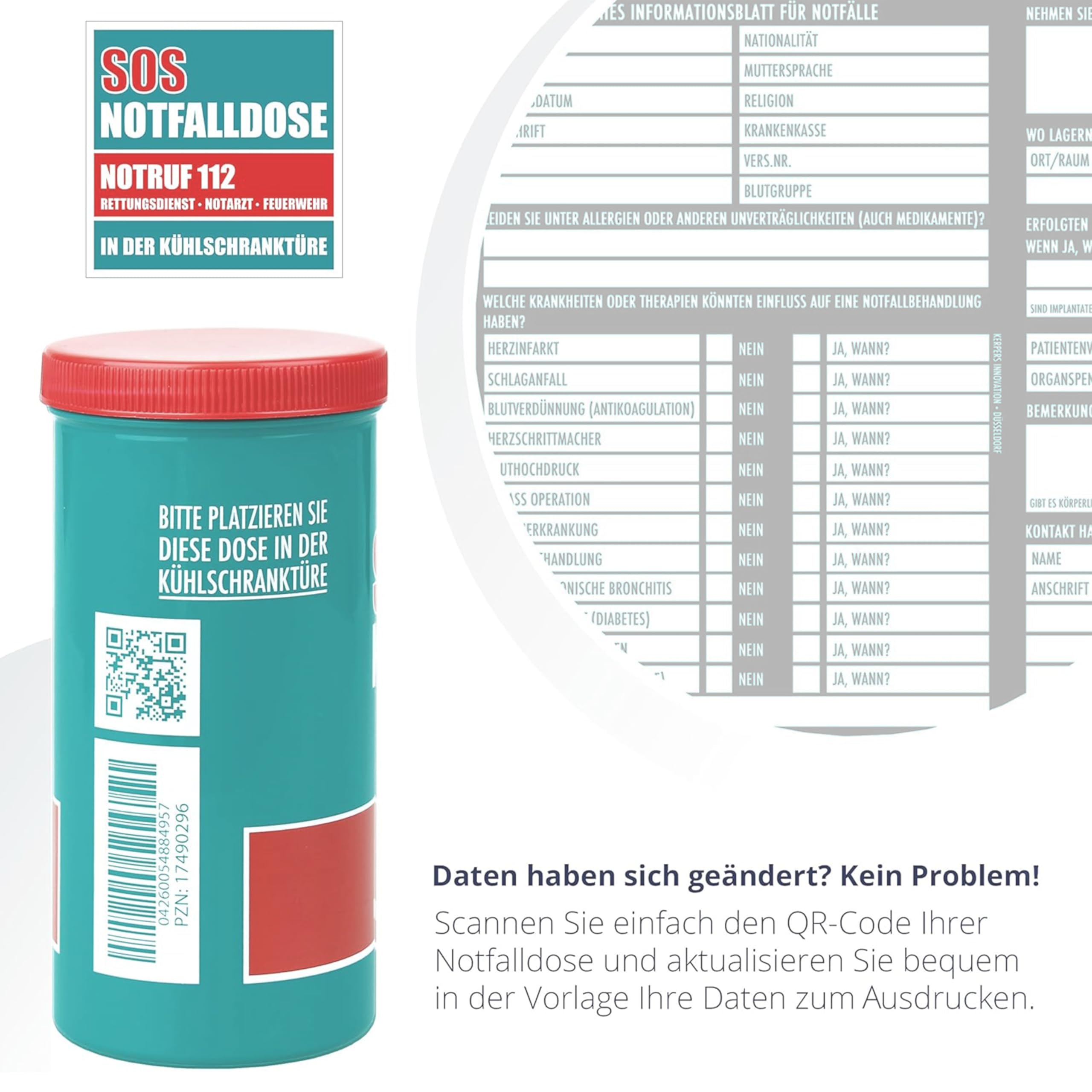 100x Notfalldose | MADE IN GERMANY | Notfallbox für den Kühlschrank | SOS Patientendose mit Rettungsaufkleber & Infoblatt für Apotheke & Pflegedienst