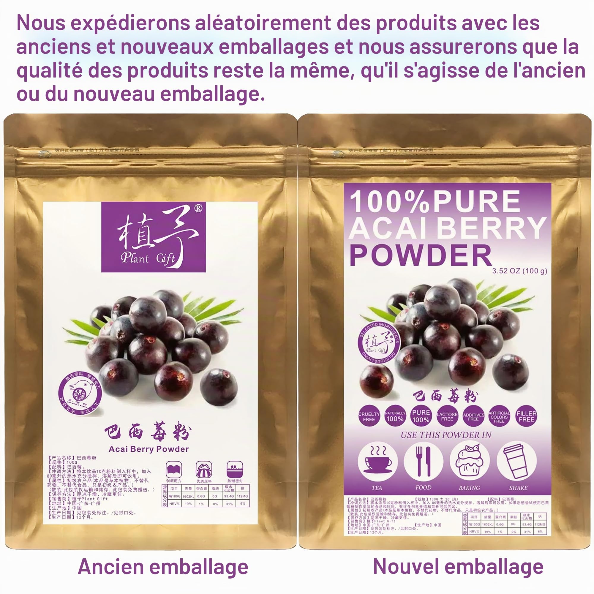 Plant Gift 100% Freeze-Dried Acai Powder 100/3.52oz, 100G Pure de pulpe de baies d'açai pure, idéale pour les bols de baies d'açai, les yaourts, les smoothies, etc.,