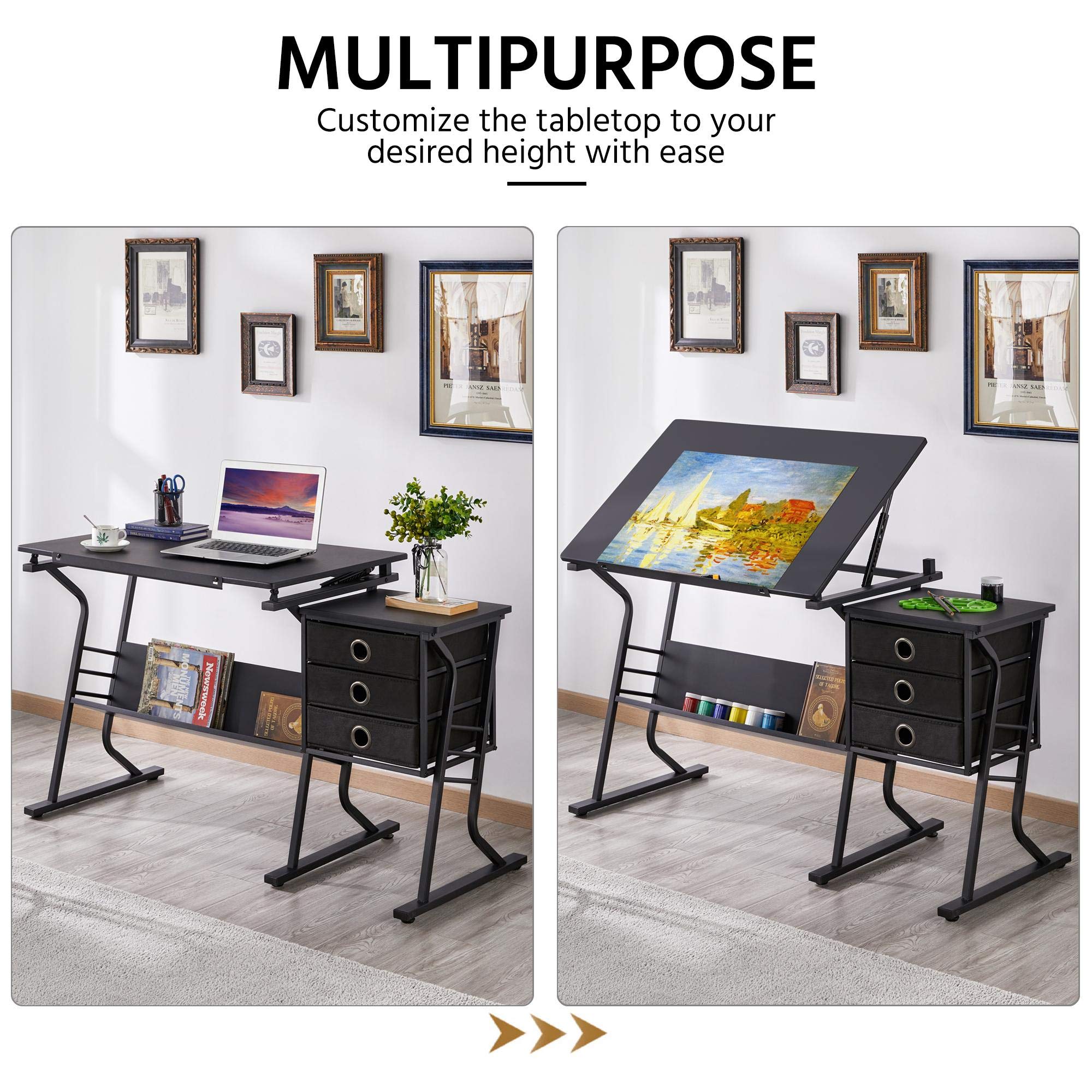 Topeakmart Height Adjustable Drafting Table Art Craft Desk Work Station Hobby Design Studio Tiltable Tabletop Drawing Desk with Stool & Storage Drawers product thumbnail 5