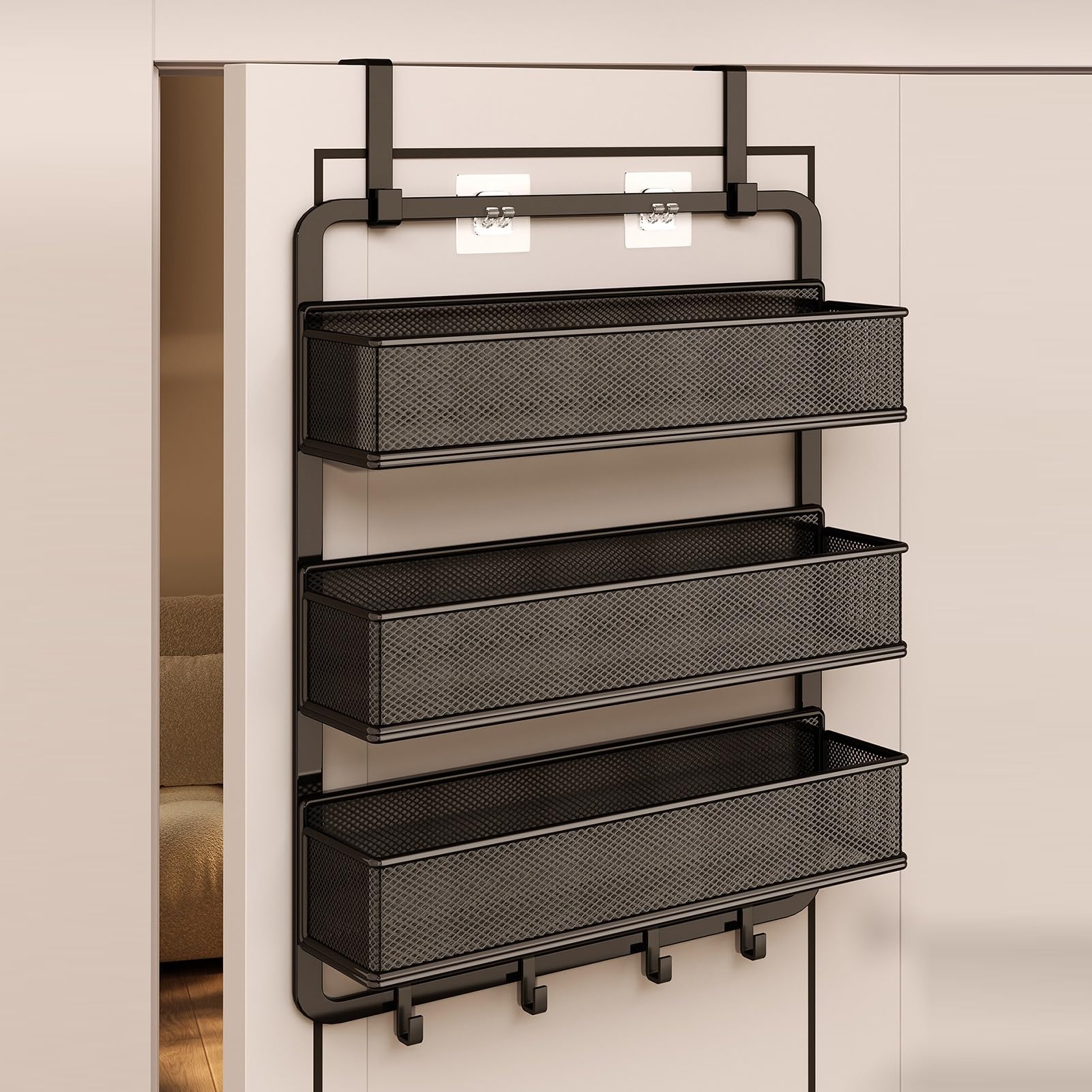 Organizzatore per Porta dispensa a 1/2/3 Livelli, in Metallo, da Appendere, con cestini e Gancio Appendiabiti Regolabile, per Bagno e Camera da Letto (1 Livello)