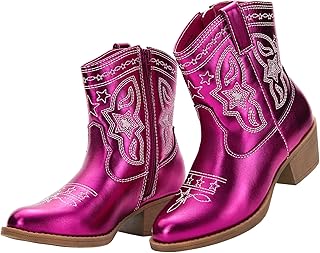 PATPAT Girls Cowgirl Boots,Embroidered Pointed Toe Cowboy Boots with Side Zipper Western Riding Shoes