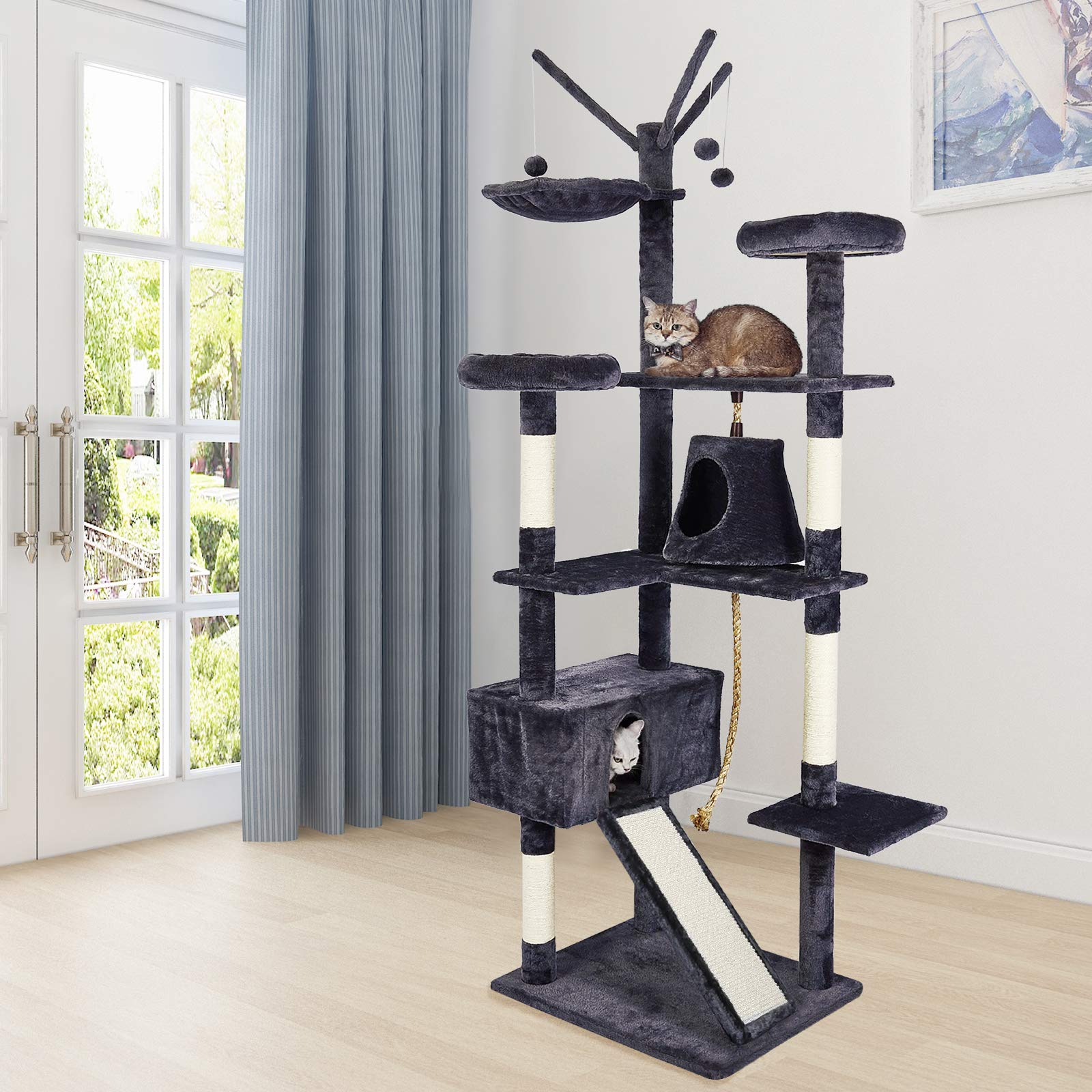 Meerveil Tiragraffi Albero per Gatti XXL Gatti Gioco gichi Palestra con Giocattolo per Gatto 3 Palle Cuccia Graffiatoio in Corda Sisal Naturale, con Amaca 210 cm, Grigio