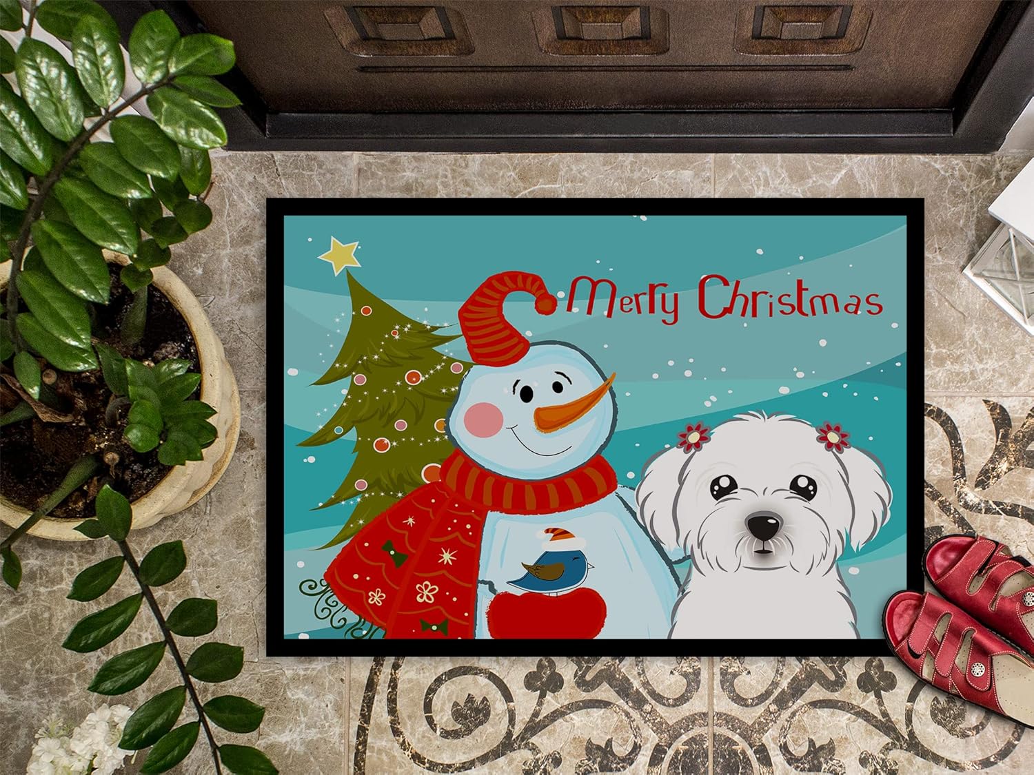 Caroline's Treasures BB1828JMAT Snowman with Maltese Doormat 24x36 Front Door Mat Indoor Outdoor Rugs for Entryway, Non Slip Washable Low Pile, 24H X 36W