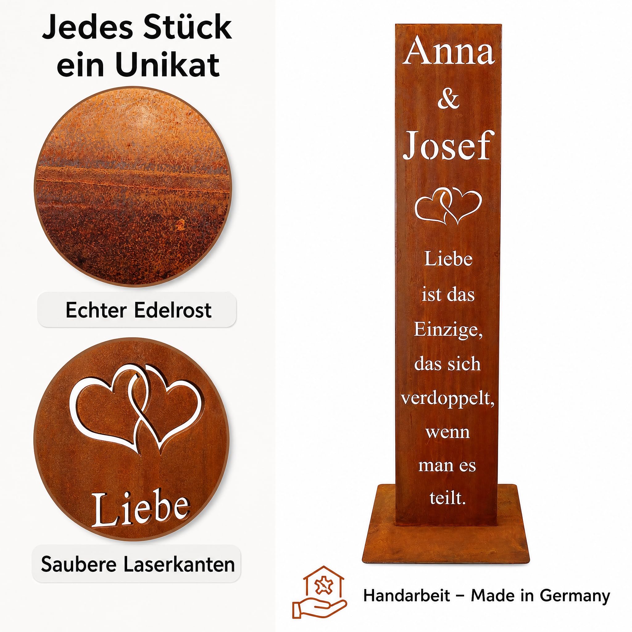 Rostikal Edelrost Spruchtafel 100 cm aus Cortenstahl – personalisierte Deko zur Hochzeit mit Namen & Herzmotiv – freistehendes Schild, handgefertigt in Bayern, Hochzeitsgeschenk