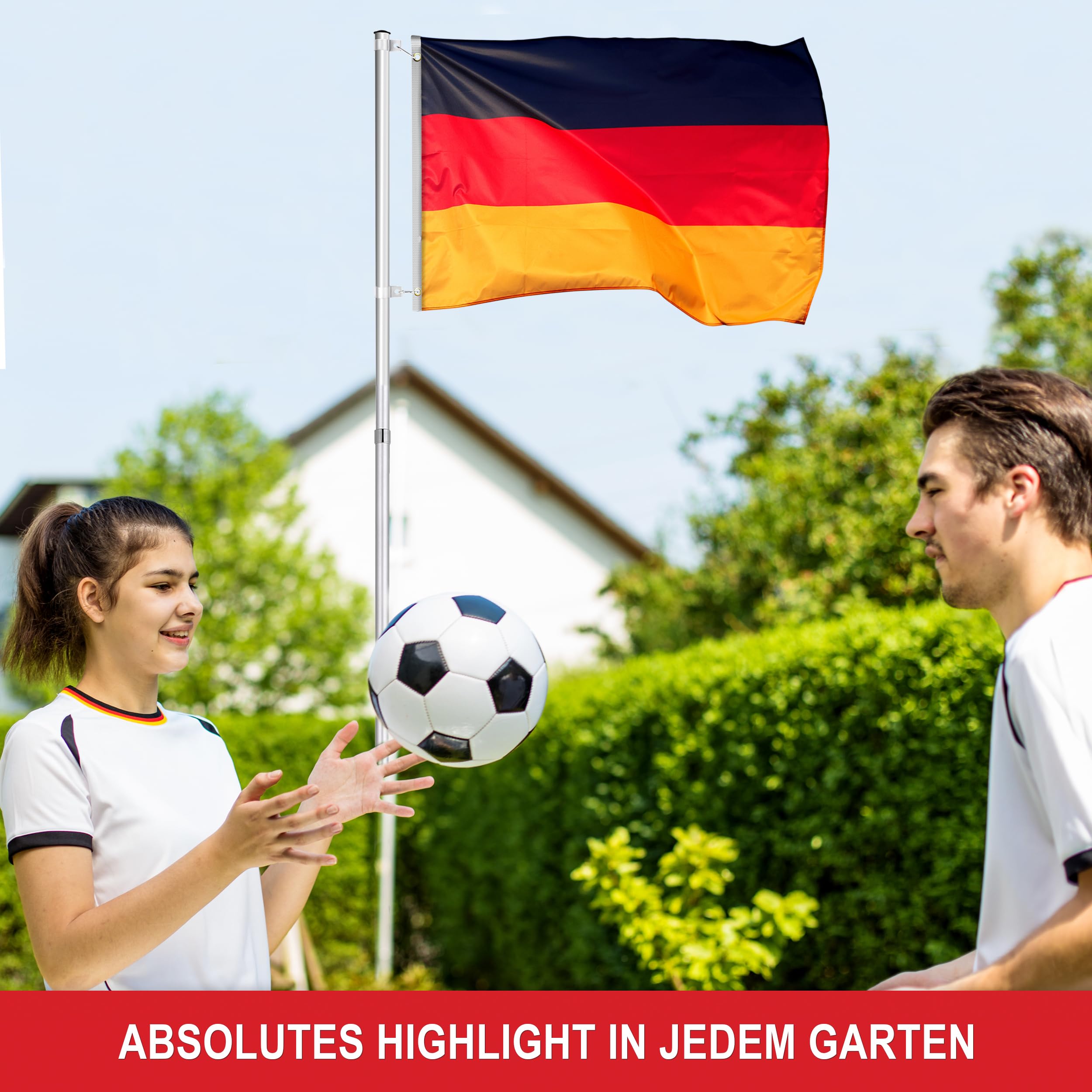 Onbest Premium Fahnenmast, Flaggenmast – Alu Teleskopstange – höhenverstellbar – Fahnenmast im Set inkl. Zwei Flaggen, Bodenhülse – ideal für den Garten, Balkon, Deutschland Flagge