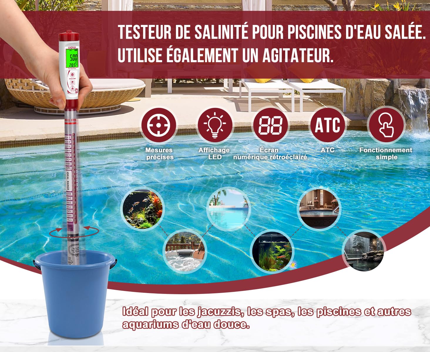 Testeur de sel numérique de piscine à longue sonde, compteur de salinité pour piscines d'eau salée, bain à remous, spa, aquarium d'eau douce, étang Koi (0-5000 PPM)