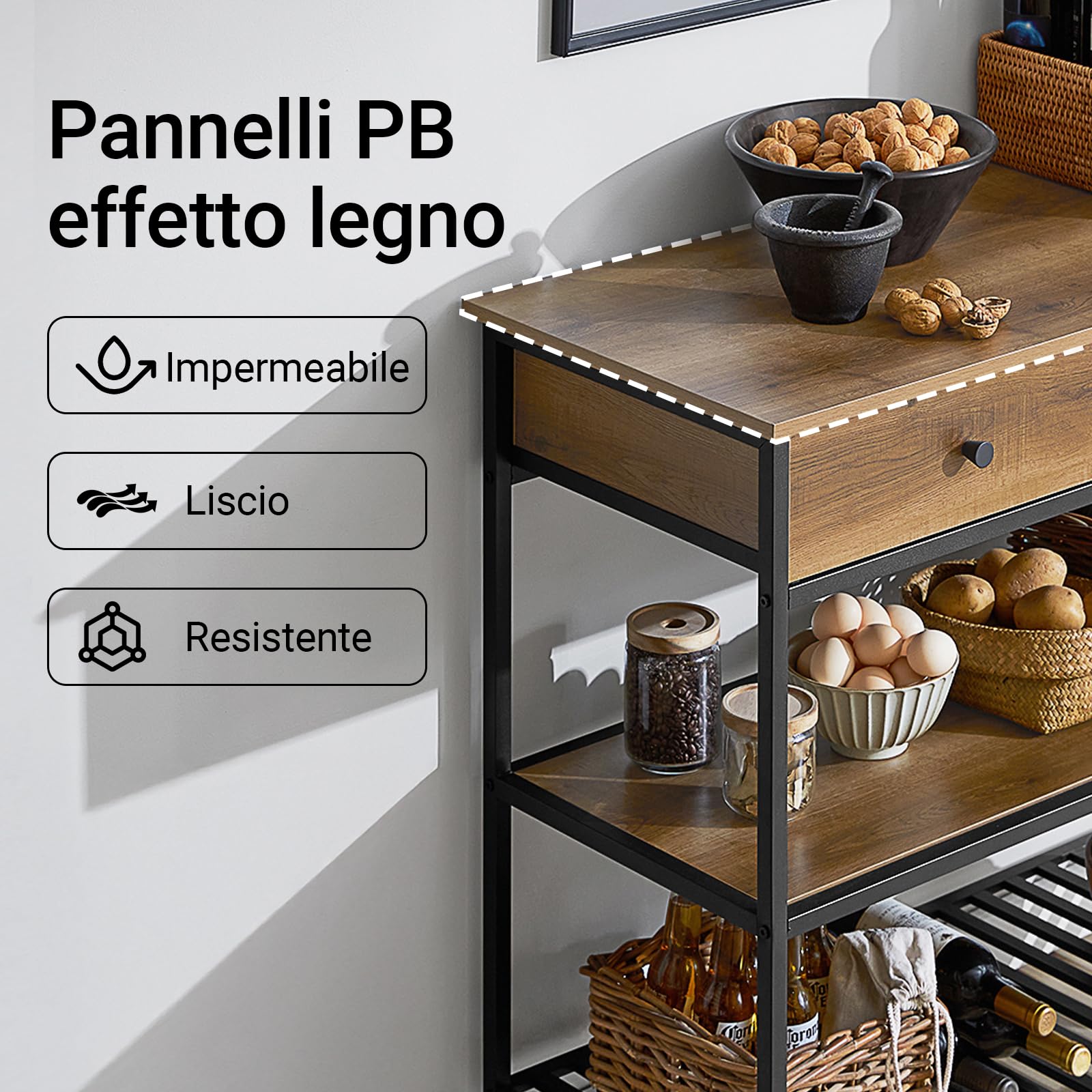 SoBuy Carrello da Cucina e Mobile Cucina Salvaspazio con 2 Cassetti e 2 Ripiani – Mobiletto con Ruote Stile Industriale, Credenza Compatta per Ingresso, Cucina o Soggiorno 100x45x93cm FKW112-PF