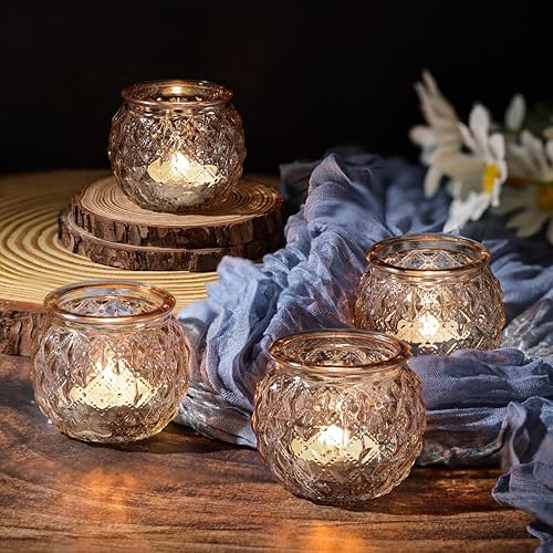 Miniatura 7 de DARJEN Juego de 24 portavelas votivos dorados - Portavelas de vidrio redondos a granel para centro de mesa, portavelas para velas de té para