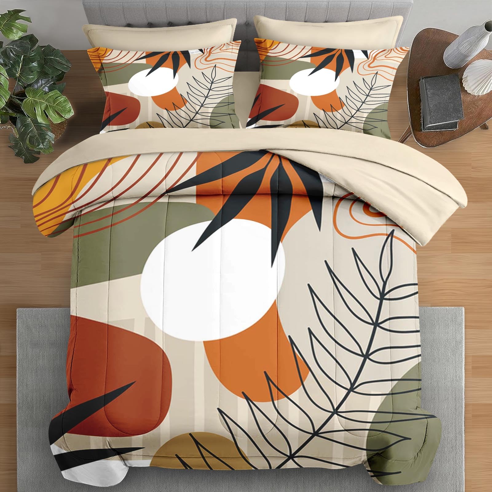 Pamnest Comforter Set Queen Size, Leaves Flower Summer 7 Pcs Bedding for Kids and Adults, Spring Leaf Floral Bed Sheet Sets with Fitted Sheet 2 Pillowcase & 2 Sham for Bedroom Bed Decor