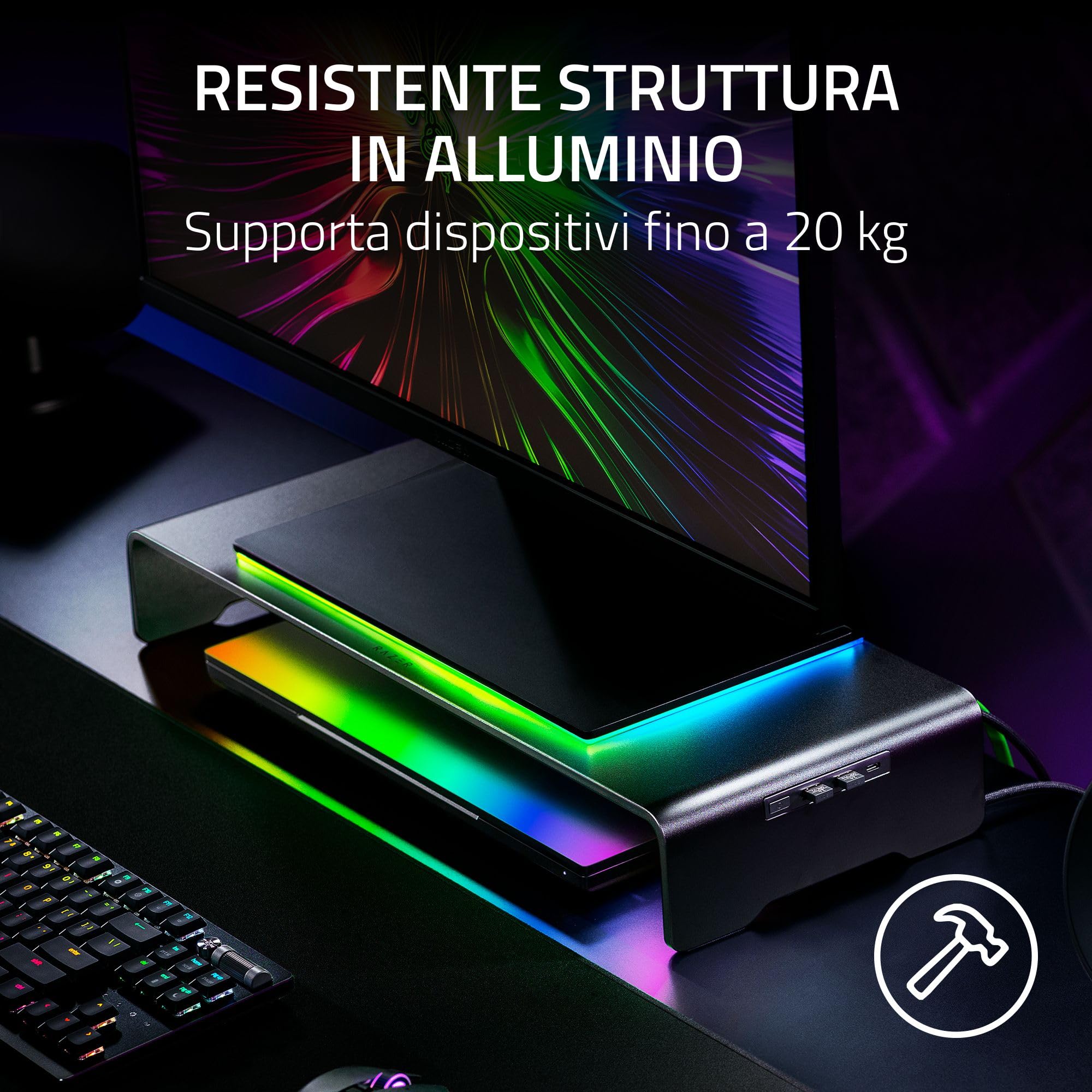 Razer Monitor Stand Chroma - Supporto per monitor in alluminio con hub USB-C a 4 vie con Chroma RGB (50cm x 21cm x 7,85cm, struttura robusta, capacità di carico 20 kg, altezza ergonomica) Nero