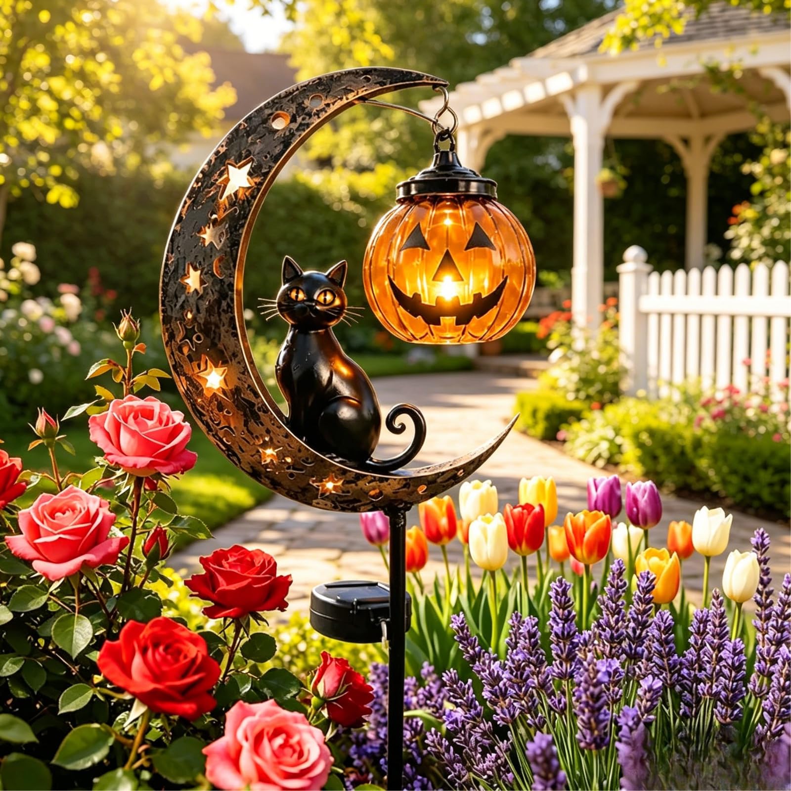 Lampada Solare da Giardino a Forma di Gatto Nero per Halloween, da Appendere a Forma di Zucca o Luna | Lampada da Giardino a Forma di Zucca e Luna, in Metallo Resistente alle intem