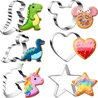 MINOANT Stainless Steel Cookie Cutters Set - 6pc Mickey Unicorn Dinosaur Heart Star Shapes for Baking Holidays Parties