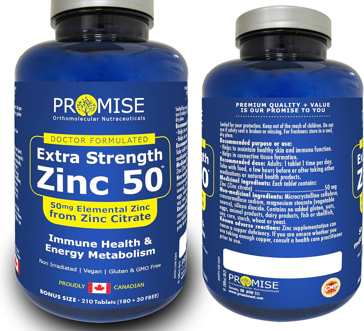 Promise Orthomolecular Nutraceuticals 210 tablets Promise 50mg Elemental Zinc from Zinc Citrate, Extra Strength, Immune Health & Energy Metabolism, Made in Canada (210 tabs)
