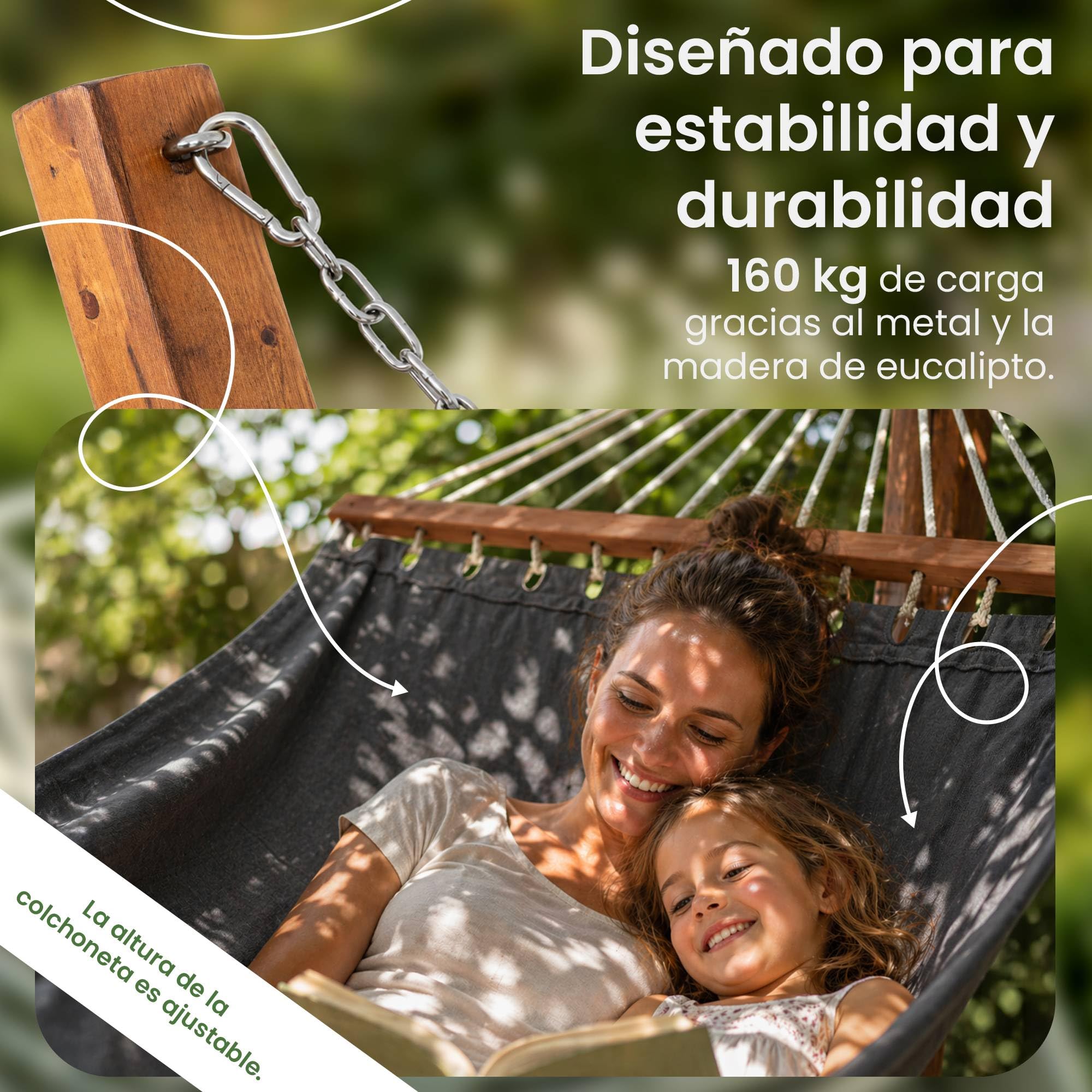 CLP Hamaca con Soporte Herriman, Soporte de Madera de eucalipto, para Jardin y terraza, 2 Personas, soporta hasta 160 kg, Color:Gris