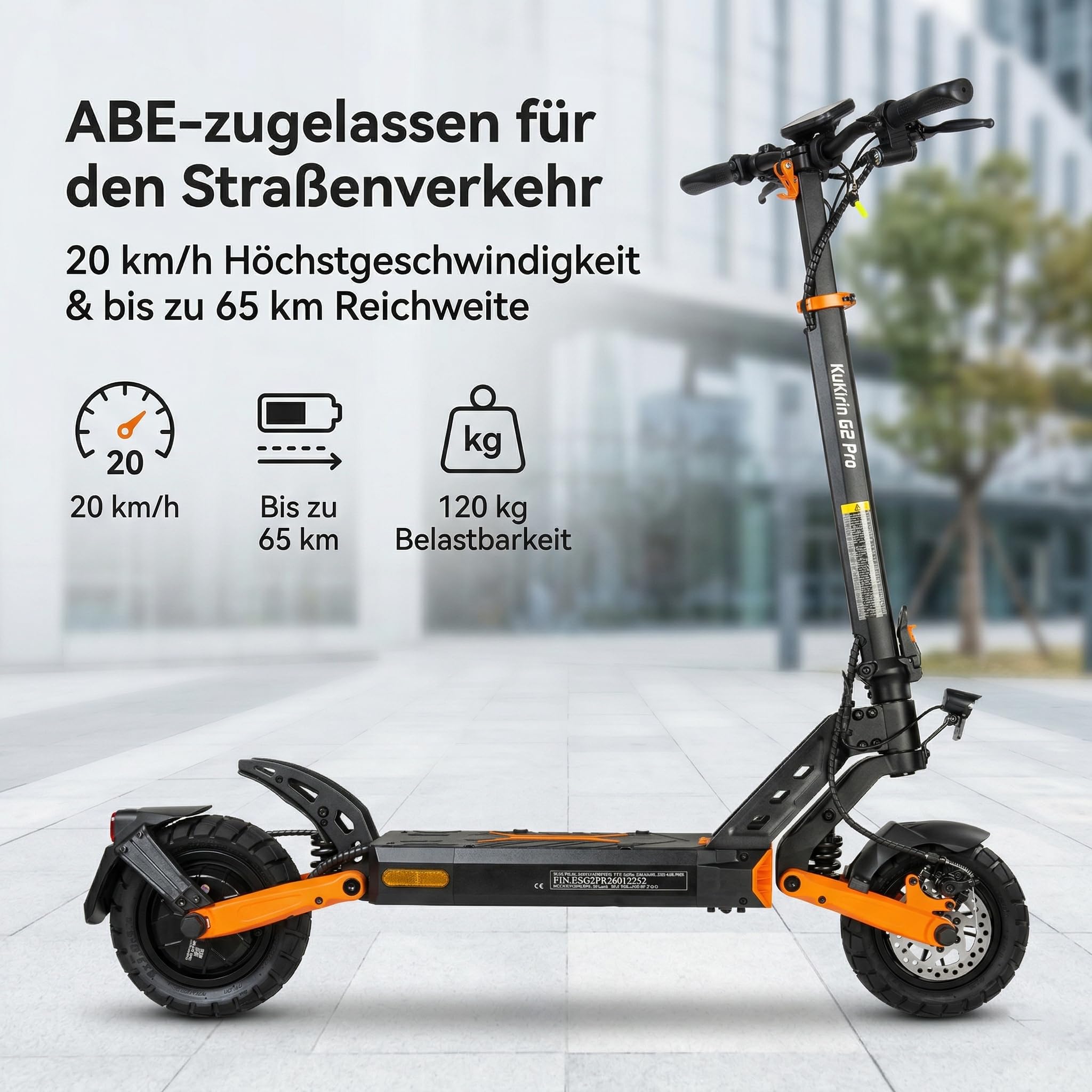 KuKirin G2 Pro Elektroscooter klappbar 9 Zoll bis 65 km Reichweite wasserdicht IP54 Federung für Pendler ABE Straßenzulassung 20 km/h faltbar