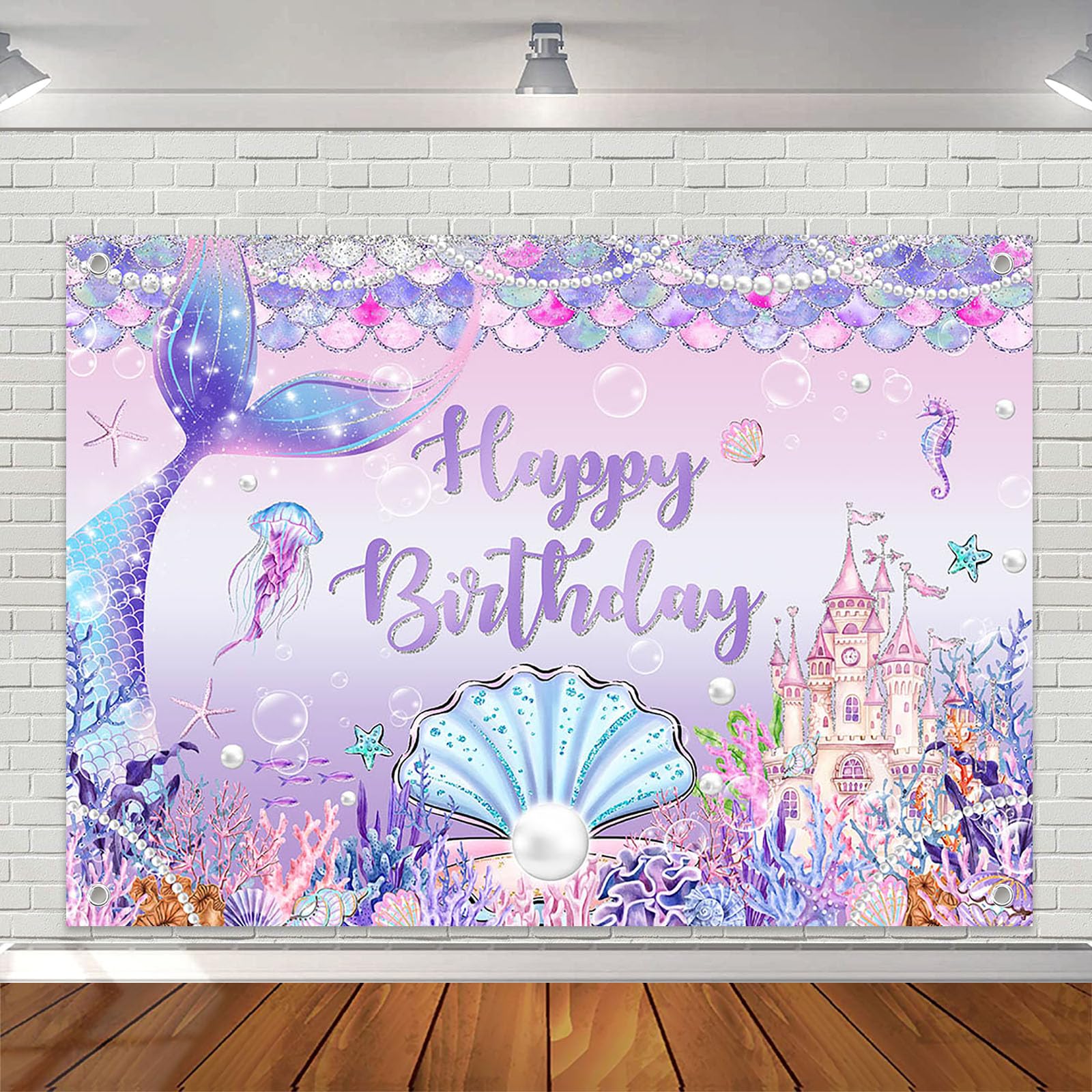 Avezano Mermaid Birthday Banner, Under The Sea Backdrop for Girls Party Decoration, Mermaid Tail Princess Castle Scales Photo Booth Props, 7x5ft,