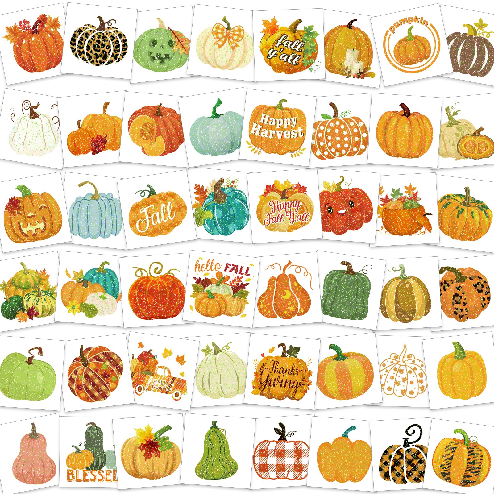 HOWAF 96pcs Glitter Fall Pumpkin Temporary Tattoos Autumn Harvest Tattoos Stickers for Girls Boys Decor, Glittery Thanksgiving Pumpkin Fake Tattoo Pumpkins Face Tattoo for Fall Gift Bags Fillers