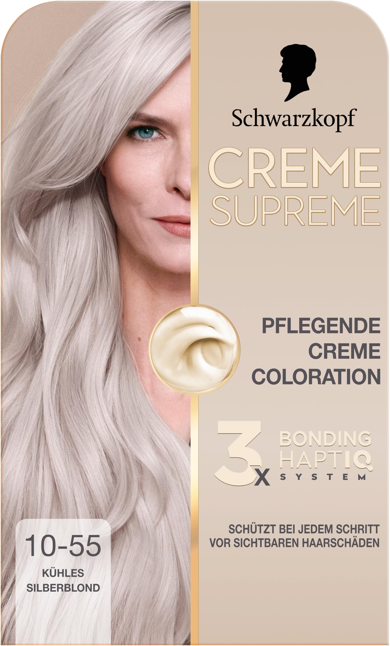 Schwarzkopf Creme Supreme, Pflegende Creme Coloration 10-55 Kühles Silberblond, intensive Haarfarbe mit 3x Bonding HaptIQ System, Colorationscreme mit 100% Grauabdeckung