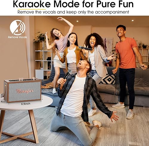 Miniatura 7 de Máquina de karaoke retro con dos micrófonos inalámbricos, altavoz Bluetooth portátil para adultos y niños, sistema PA recargable para fiestas en