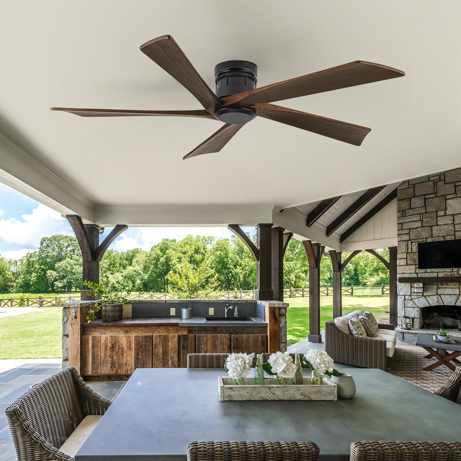 EKIZNSN 72 Inch Low Profile Flush Mount Outdoor Ceiling Fan without Light for Patios, 5 Walnut Wood Blades, 6-Gear Speed, 110V Noiseless DC Motor (Black Finish with Walnut Blades)