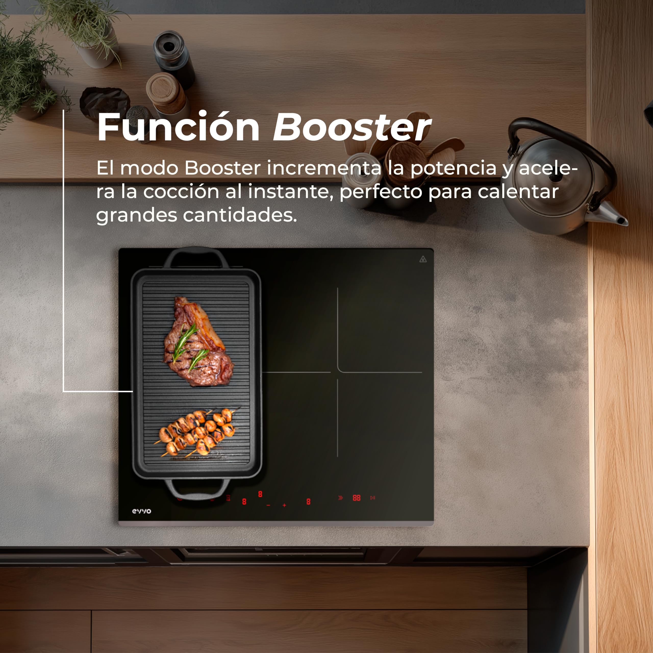 EVVO Placa Inducción V62 - Vitrocerámica Inducción 4 Zonas, Zona Flexible, 7200W, Booster, Control Táctil, 9 Niveles, Bloqueo Infantil, Temporizador, Apagado Automático, Cristal Negro