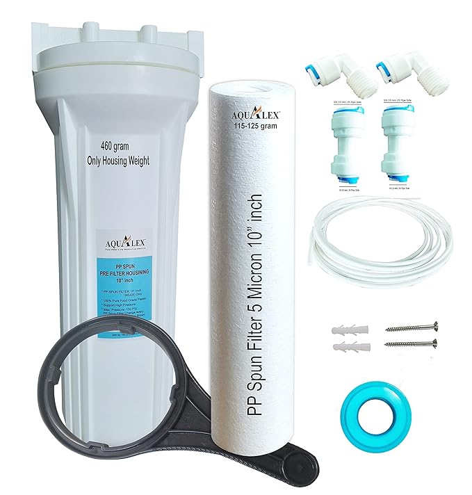 Aqualex,Pokar RO 10-inch Prefilter PP Housing Set, Spun Filter , 2 m 6 mm Tube Pipe, Spanner, Teflon Tape, 1/4 Elbow 2 Pieces for all Water Purifiers