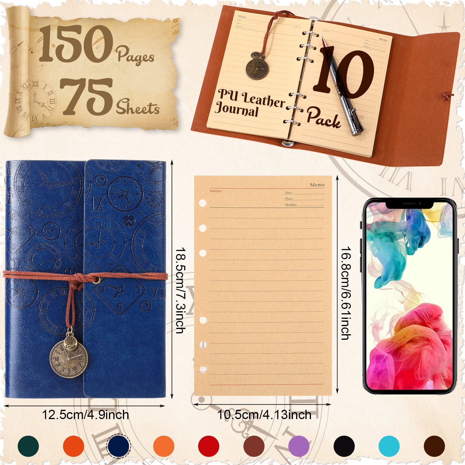 Glenmal 10 Stück PU-Leder-Notizbuch, nachfüllbar, Reisetagebuch, Vintage-Tagebuch, Weihnachtsgeschenk für Damen und Herren, 100 g/m², liniertes Papier, 10 Farben (A6/17,8 x 12,7 cm)