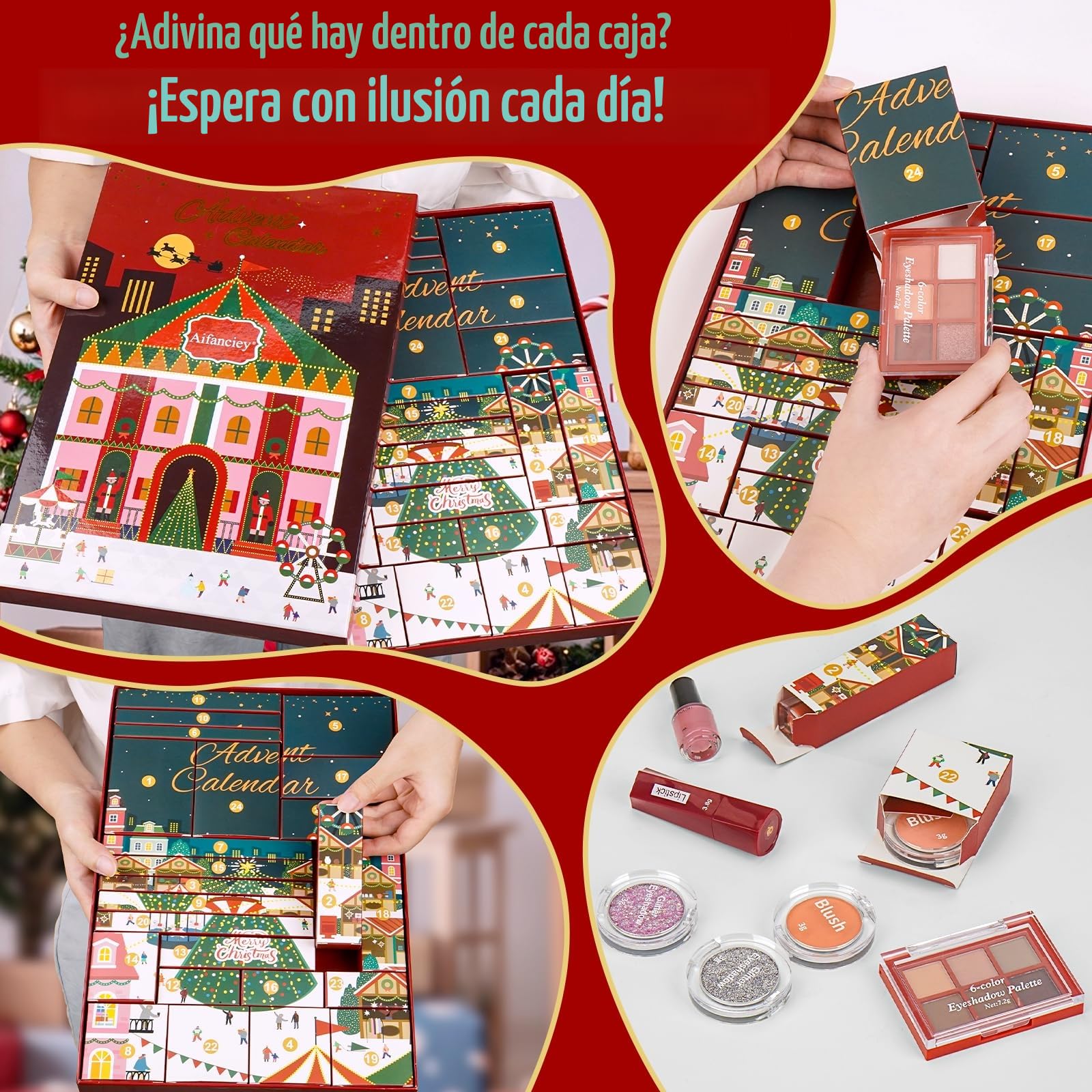 Calendario Adviento Maquillaje, Calendario de Adviento 2025 de 24 Días para Navidad con Labiales, Paletas de Sombras, Regalo de Cuenta Regresiva para Mujeres Niñas