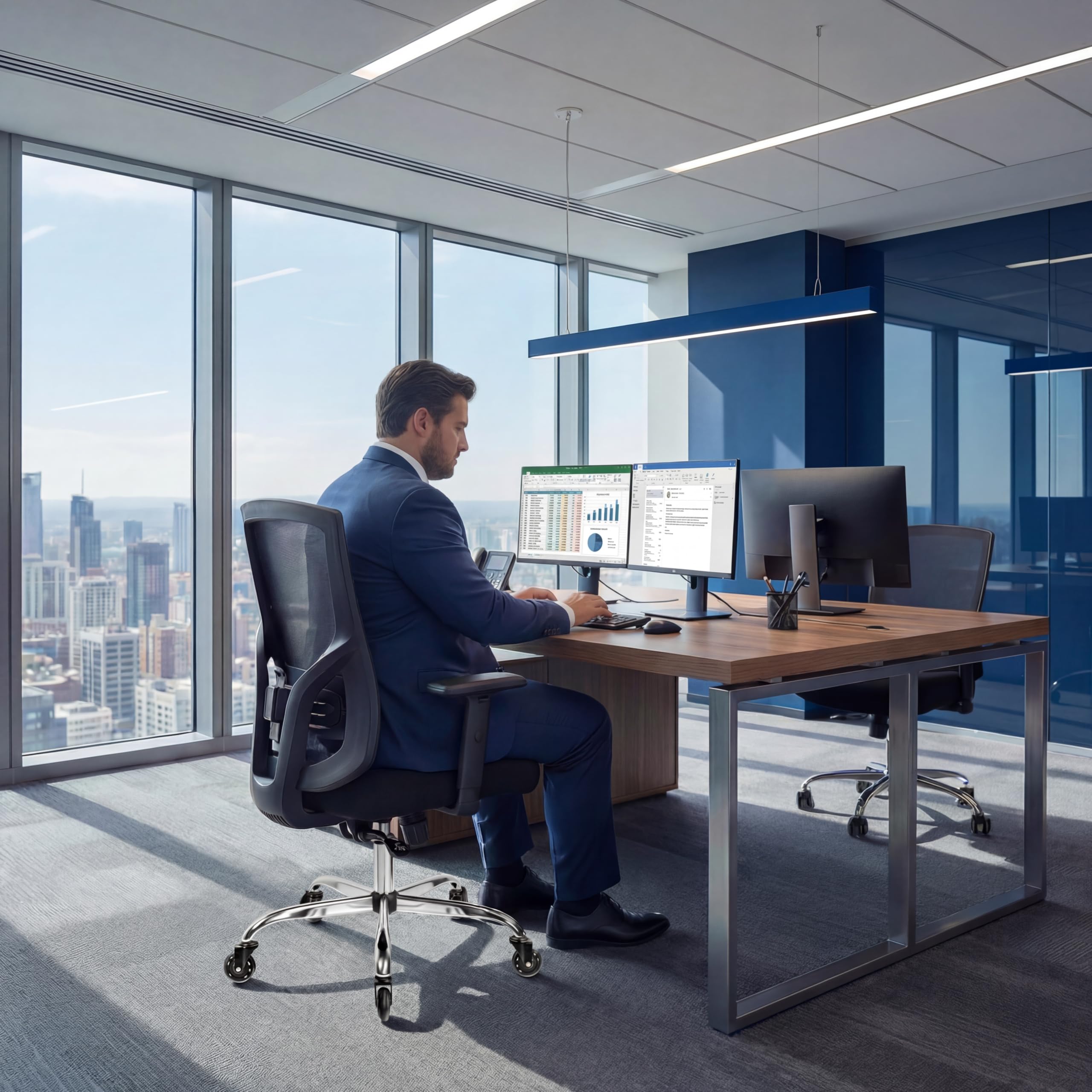 MELOKEA Bürostuhl 200KG XL [Lendenkissen Inklusive], Bürostuhl Ergonomisch | Breites & Dickes Federkern-Sitzkissen, Gummirollen,Verstellbare Lendenwirbelstütze, Stufenlose Neigungsfunktion, Home Office