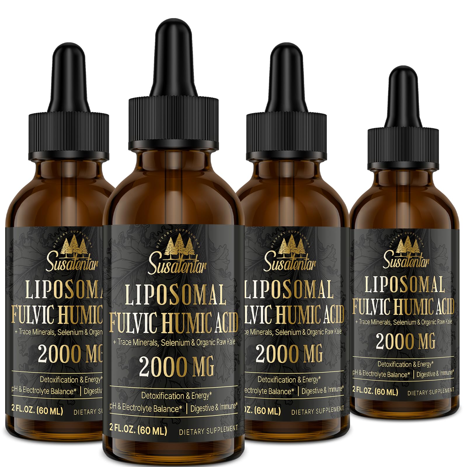 2000 MG Liposomal Fulvic Acid + Humic Acid + Trace Minerals Complex - More Potent Than Shilajit, Electrolytes Liquid Supplement with Organic Kale for Energy, Digestion, Immunity & pH Balance, 8 Oz 2 Fl Oz (Pack of 4)