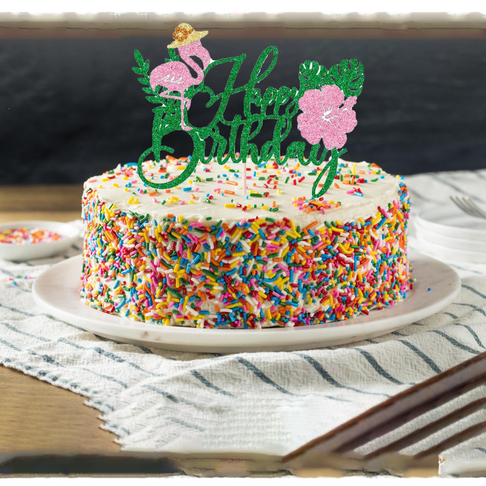 Happy Birthday Kuchendekoration – Tropischer Luau-Style Mit Flamingo, Ananas & Palmen | Glitzer-Aufsatz Für Sommer-Partys